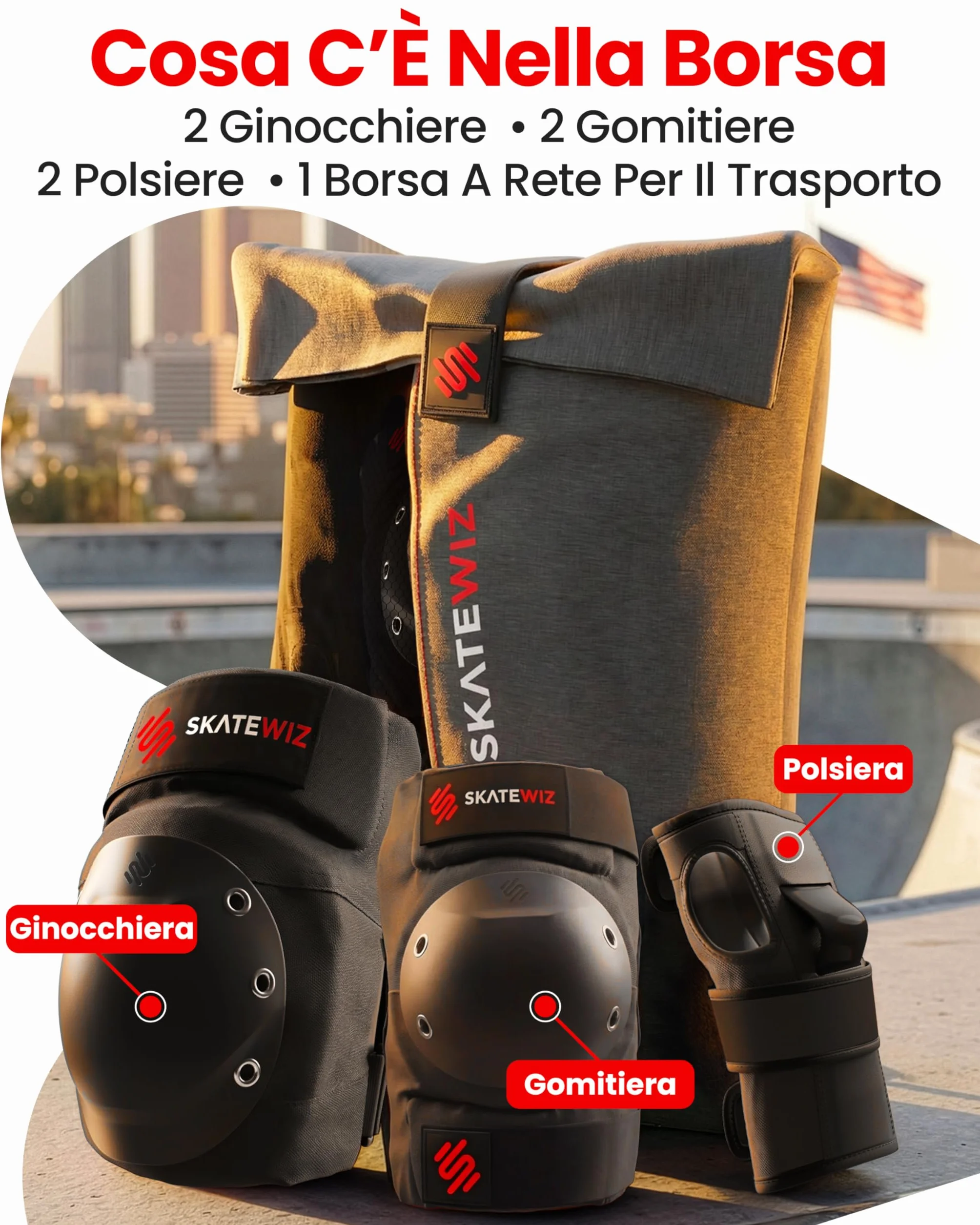 SKATEWIZ Protezioni Skateboard Adulto - Protezioni Pattini Adulto - Linea, Skateboard, BMX, Pattini a 4 Ruote - Ginocchiere Bambini - SHIELD Taglia L Nero