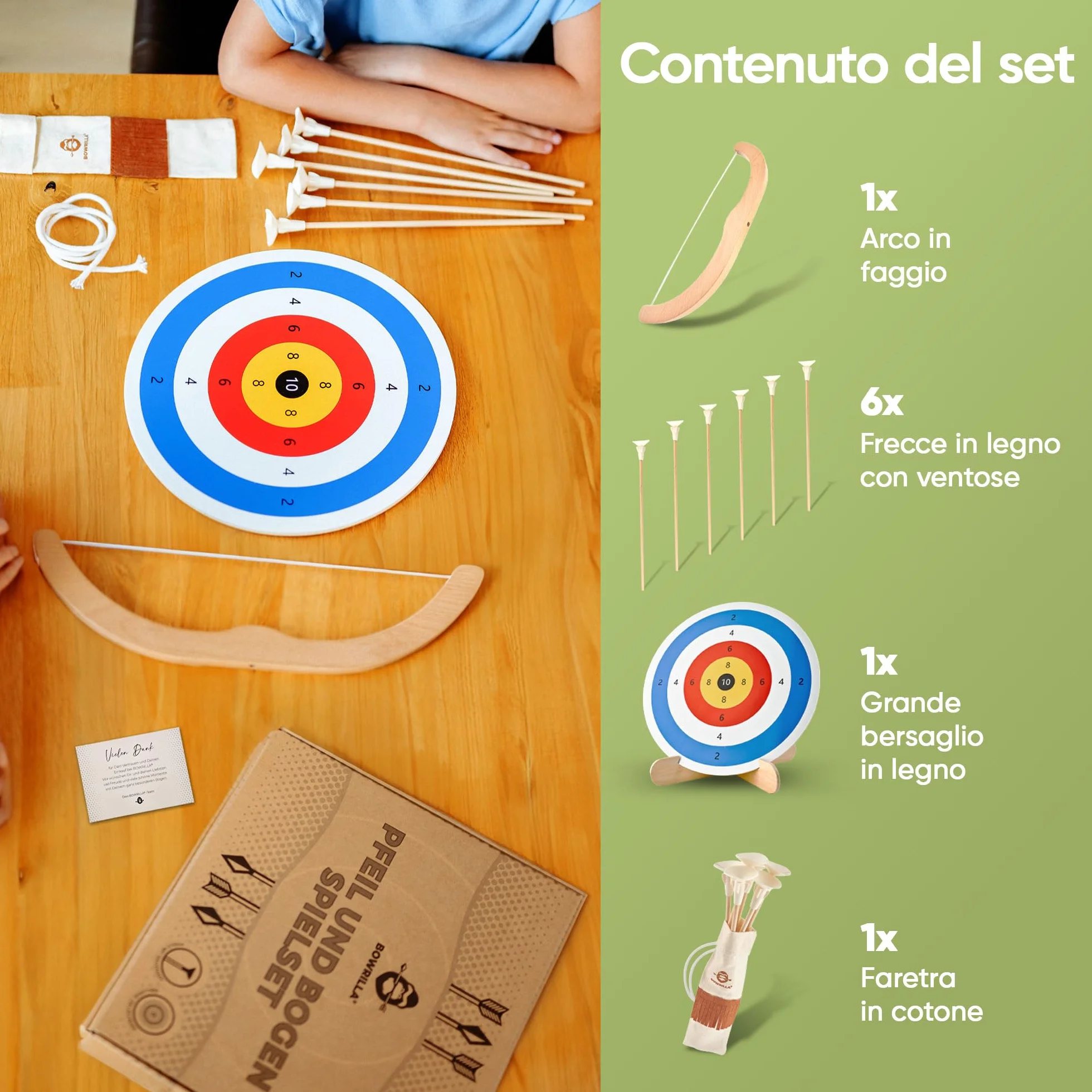 BOWRILLA® Set di Arco e Freccia per Bambini in Legno con 6 Frecce con Ventosa, Bersaglio e Faretra