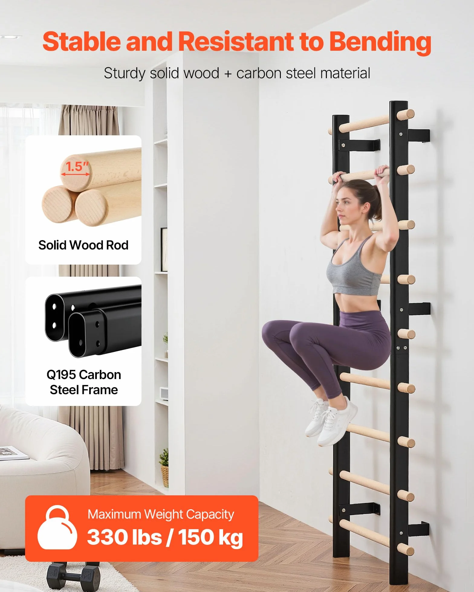 VEVOR Scala Svedese da Parete 150 kg 9 Livelli Barre Ginnastica Legno Massello Acciaio Carbonio 80x80 mm