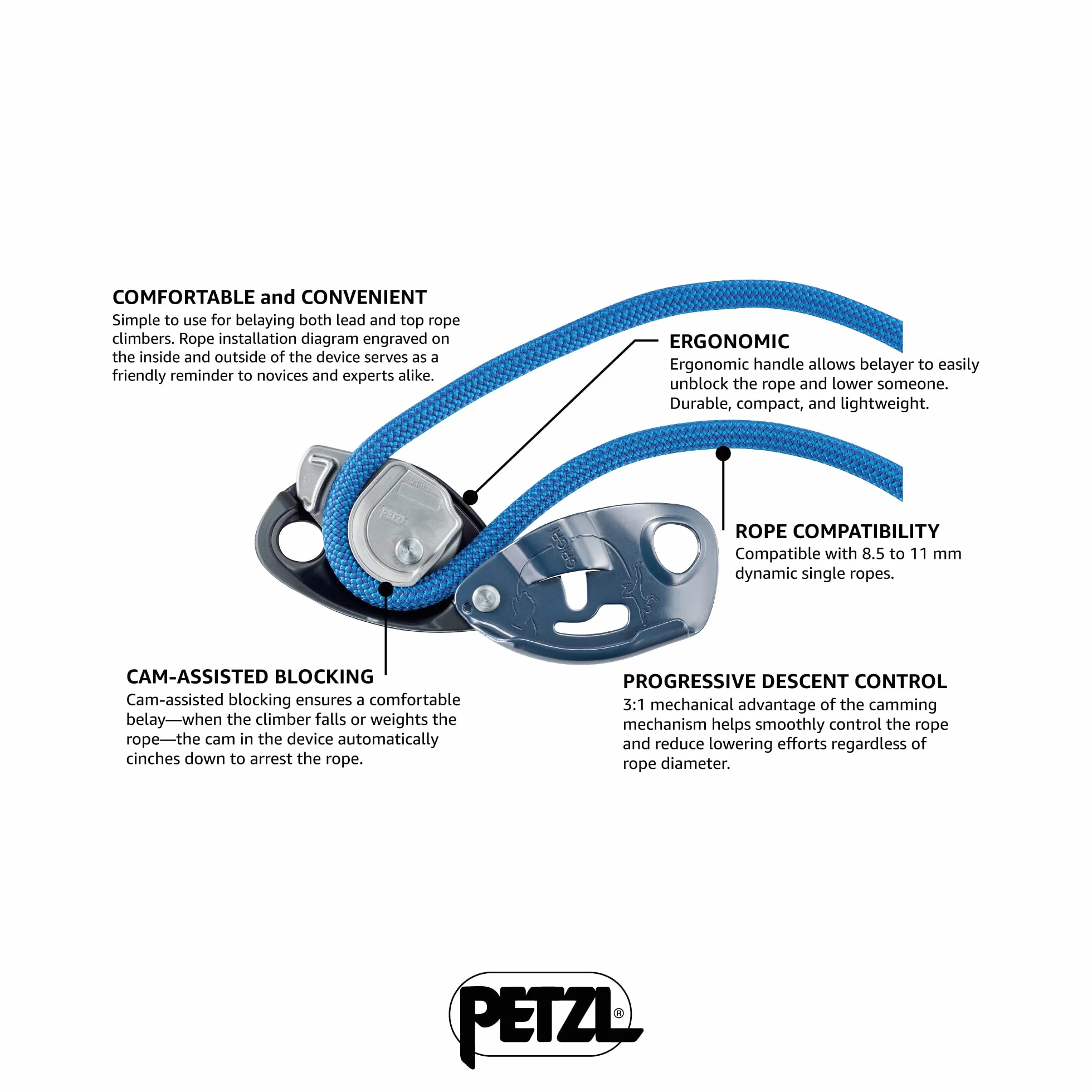 Petzl Grigri 2 Assicuratore con sistema frenante assistito per corde 9,4-10,3 mm
