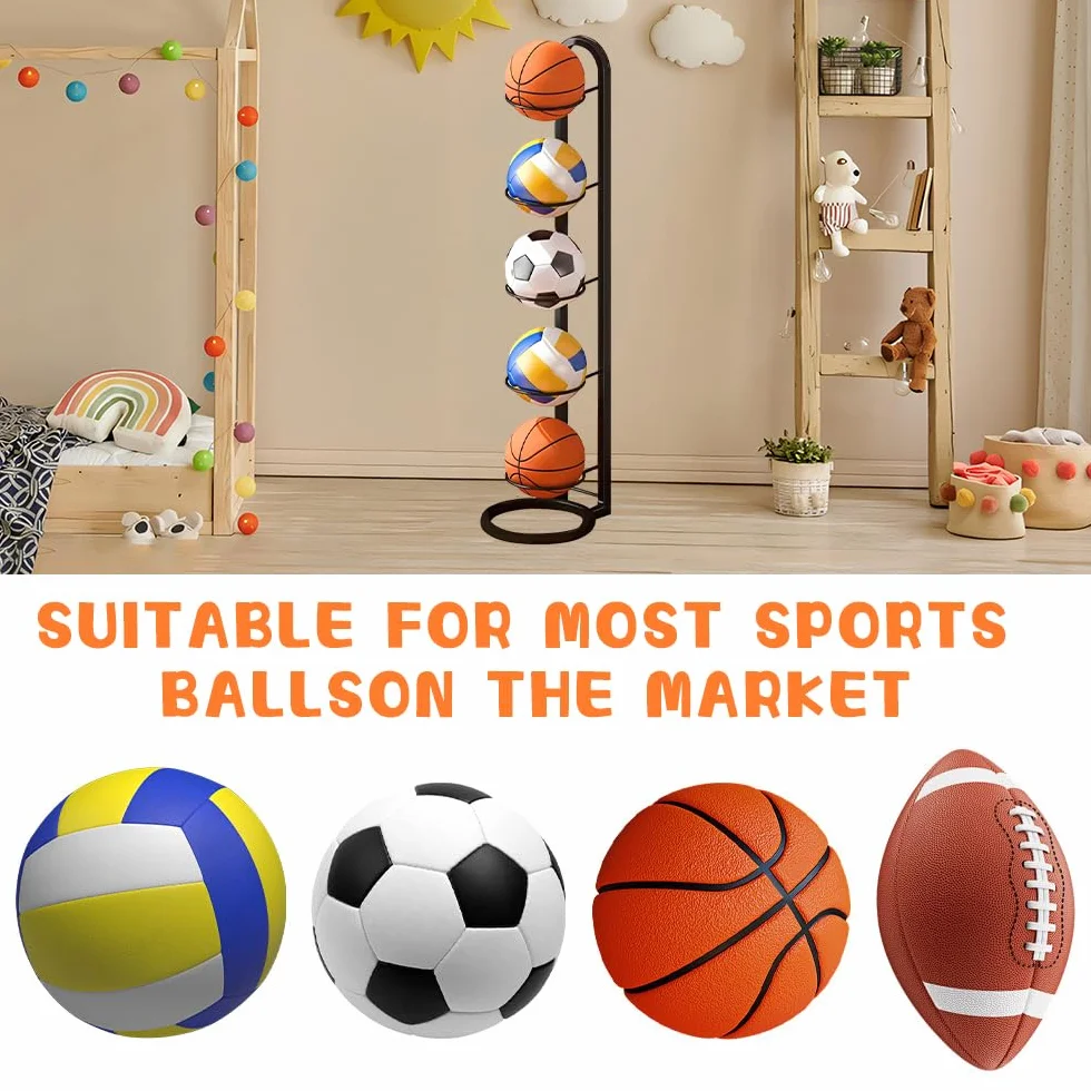 Porta Palloni a 5 Livelli Rastrelliera da Basket Verticale, Scaffale Stoccaggio Attrezzature Sportive Nero