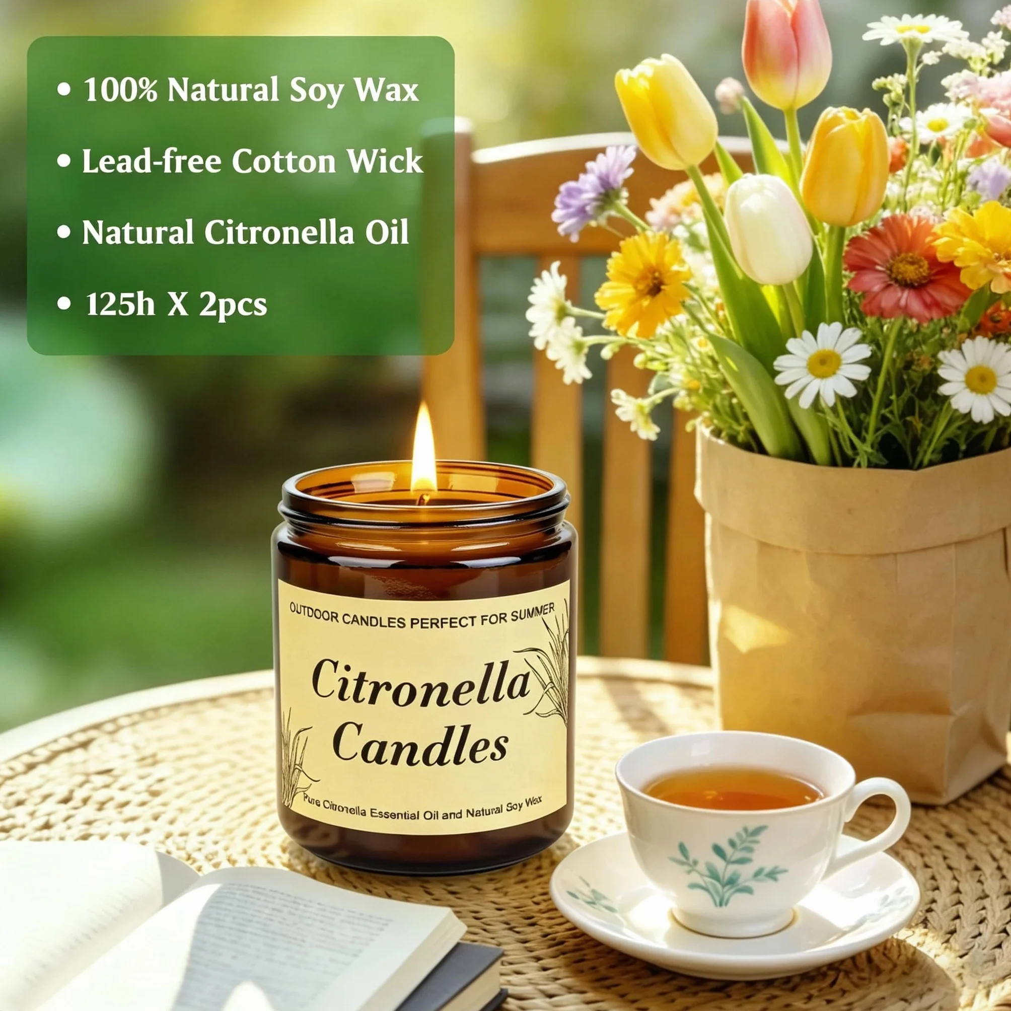 Candele Citronella per Esterni Set 2 Pezzi 250 Ore Cera di Soia Naturale