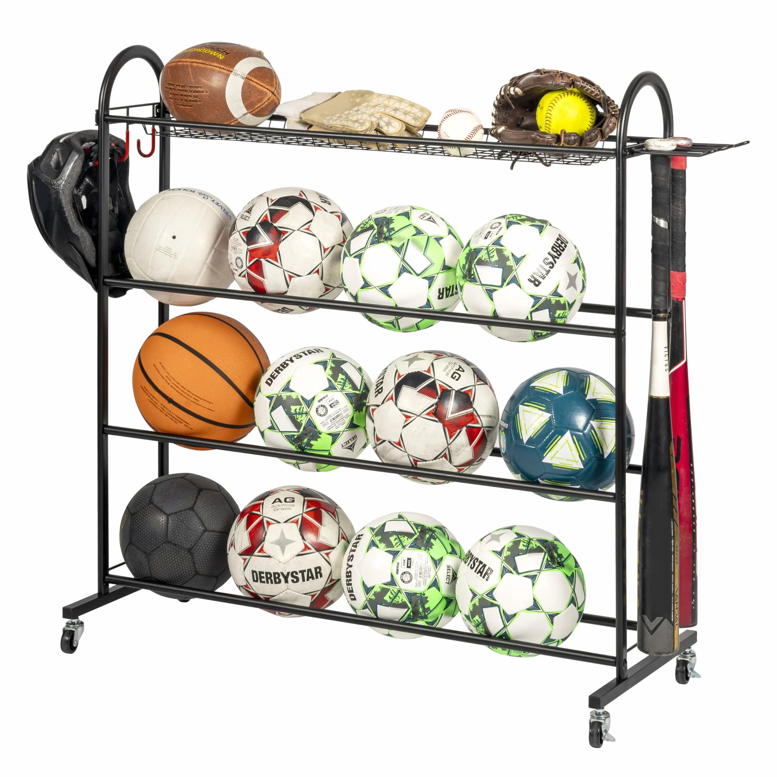 eluno Supporto per conservazione palle sportive in acciaio nero con ganci, per baseball e calcio