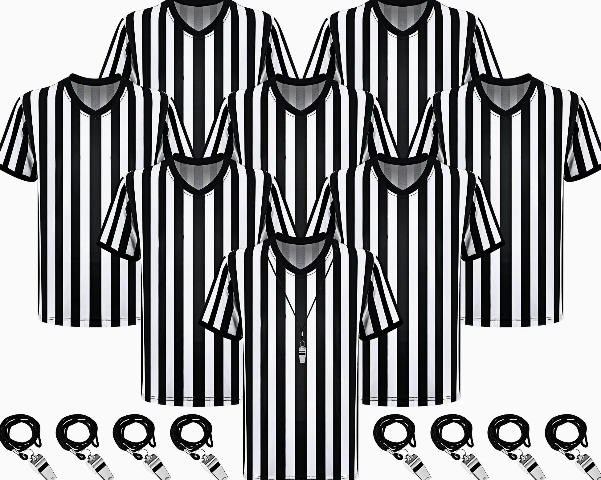 Ramede 8 set di maglietta da arbitro con fischio, maglietta ufficiale da arbitro di calcio, maglia da arbitro per Halloween, costume per uomo e donna