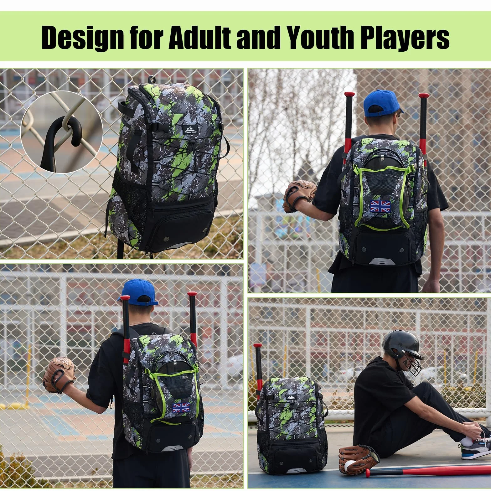 POWER KING 45L Youth Baseball Bat Bag, Large Capacity Backpack for Baseball, T-Ball & Softball Equipment & Gear with Shoe Compartment | Fence Hook | Helmet Holder