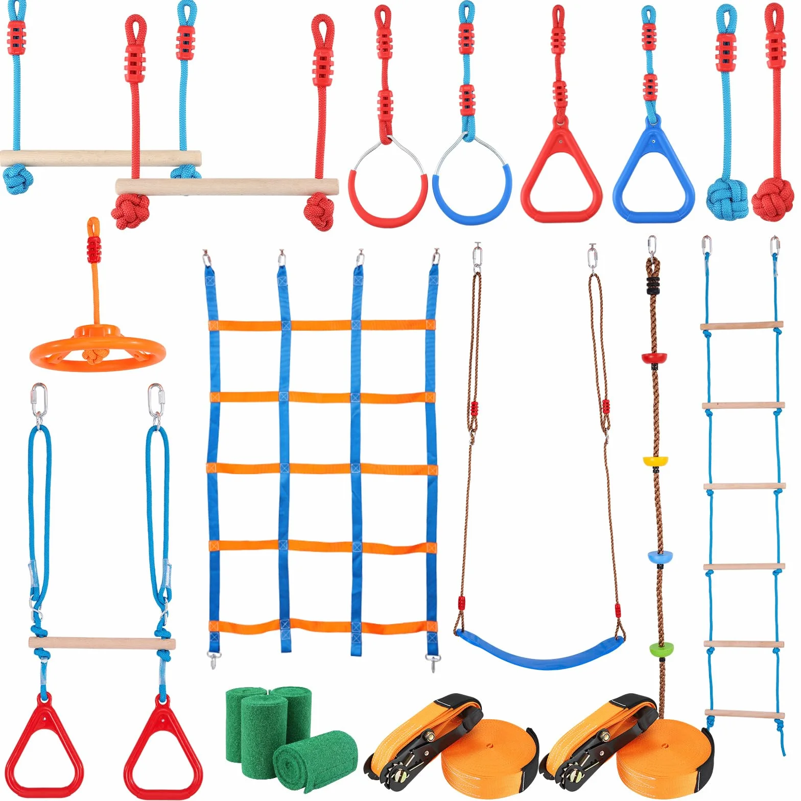 VEVOR Slackline da Arrampicata per Bambini, Kit Percorso a Ostacoli 2x18,29 m 226,8 kg 14 Ostacoli
