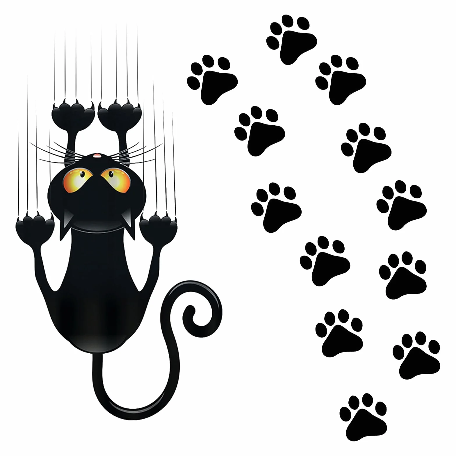 Adesivo per auto con gatto nero, simpatico adesivo per auto, con gatto nero, divertente, per auto, gatto, con 12 pezzi, con stampa a zampa (occhio giallo)
