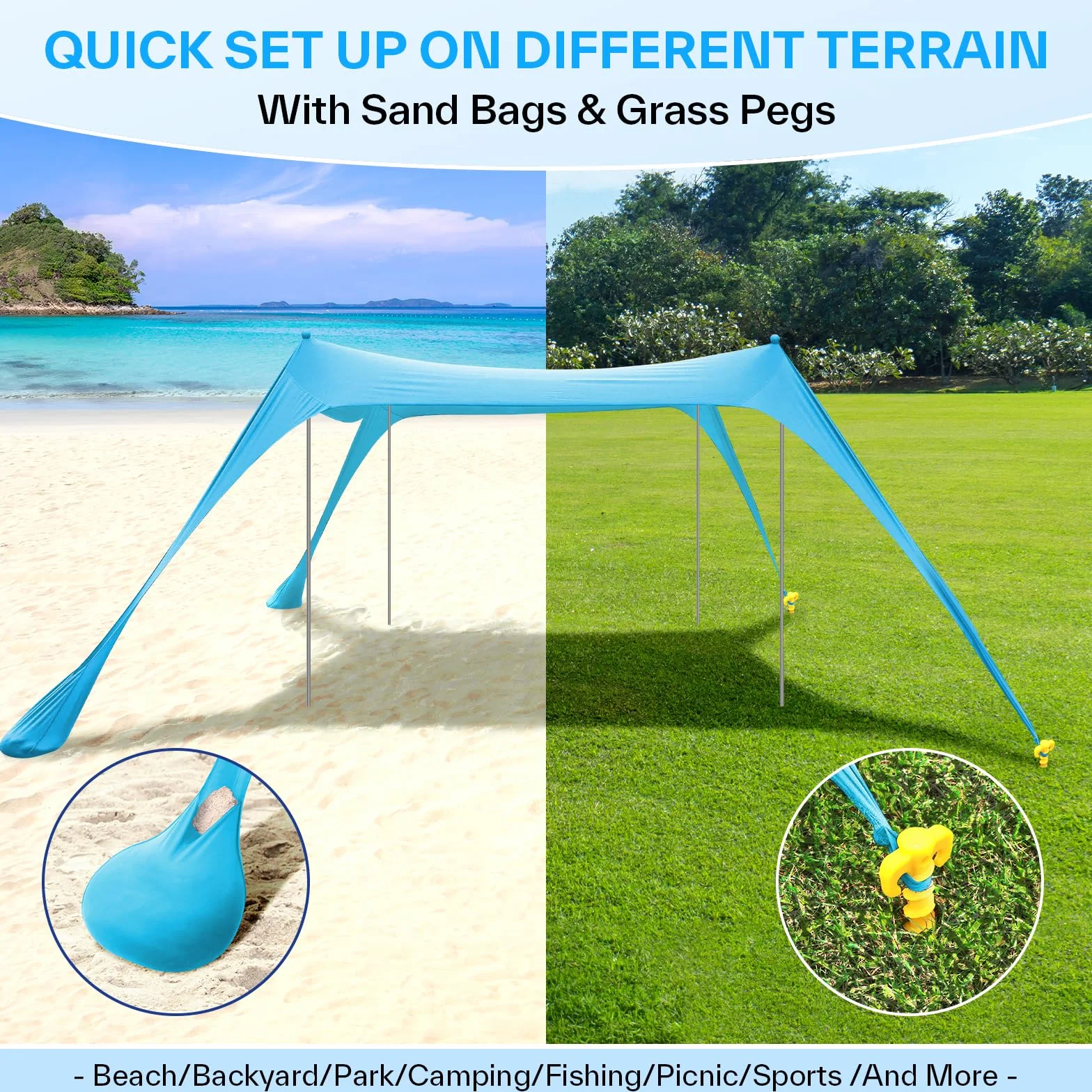 Sportneer - Tenda a baldacchino da spiaggia, tenda da spiaggia, parasole UPF50+, con 4 pali di stabilità, pala di sabbia e picchetti per spiaggia, campeggio, cortile, picnic all'aperto