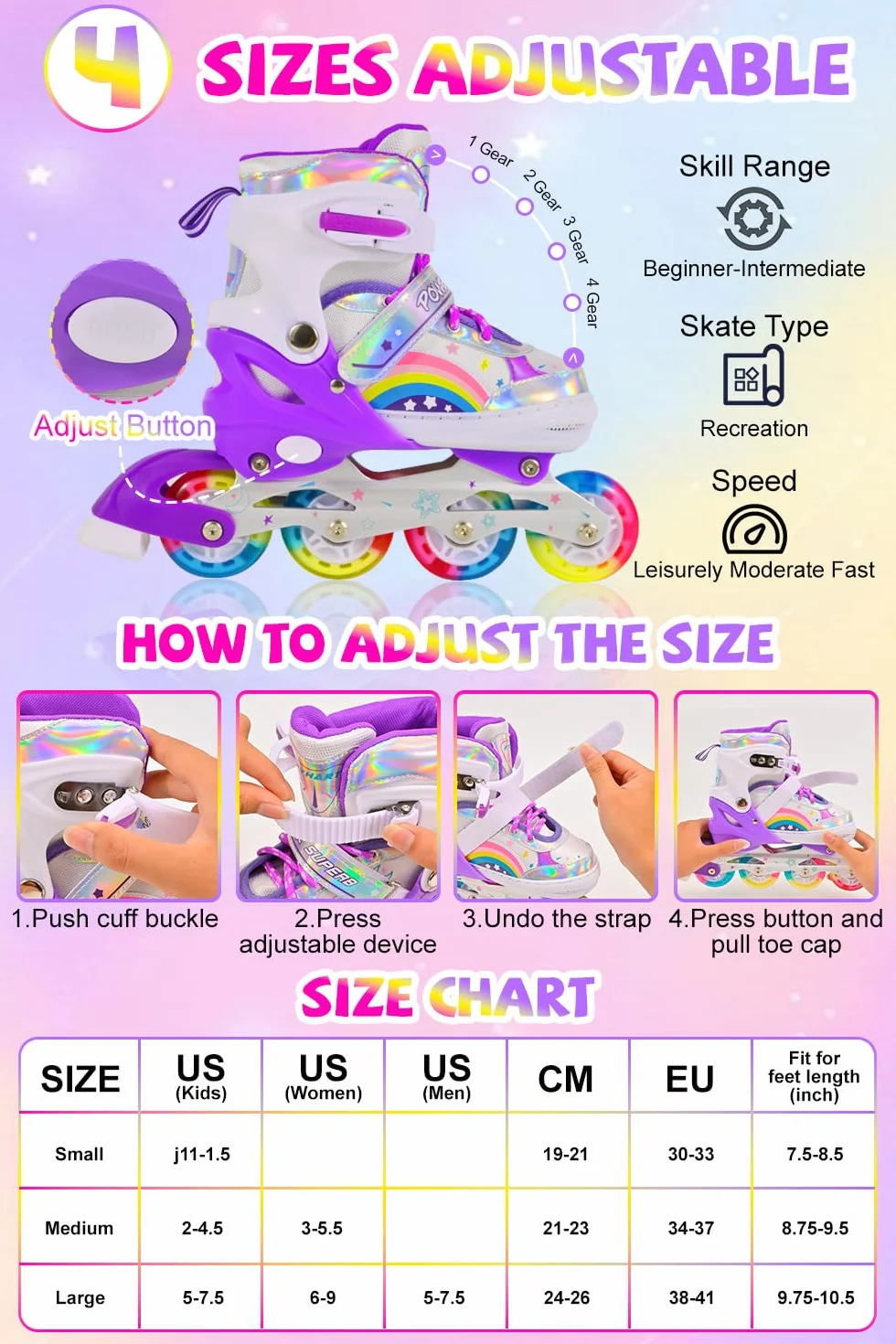 Pattini in linea regolabili per bambini ragazze ragazzi principianti, Pattini a rotelle per bambino e adolescente per lo sport Viola Arcobaleno