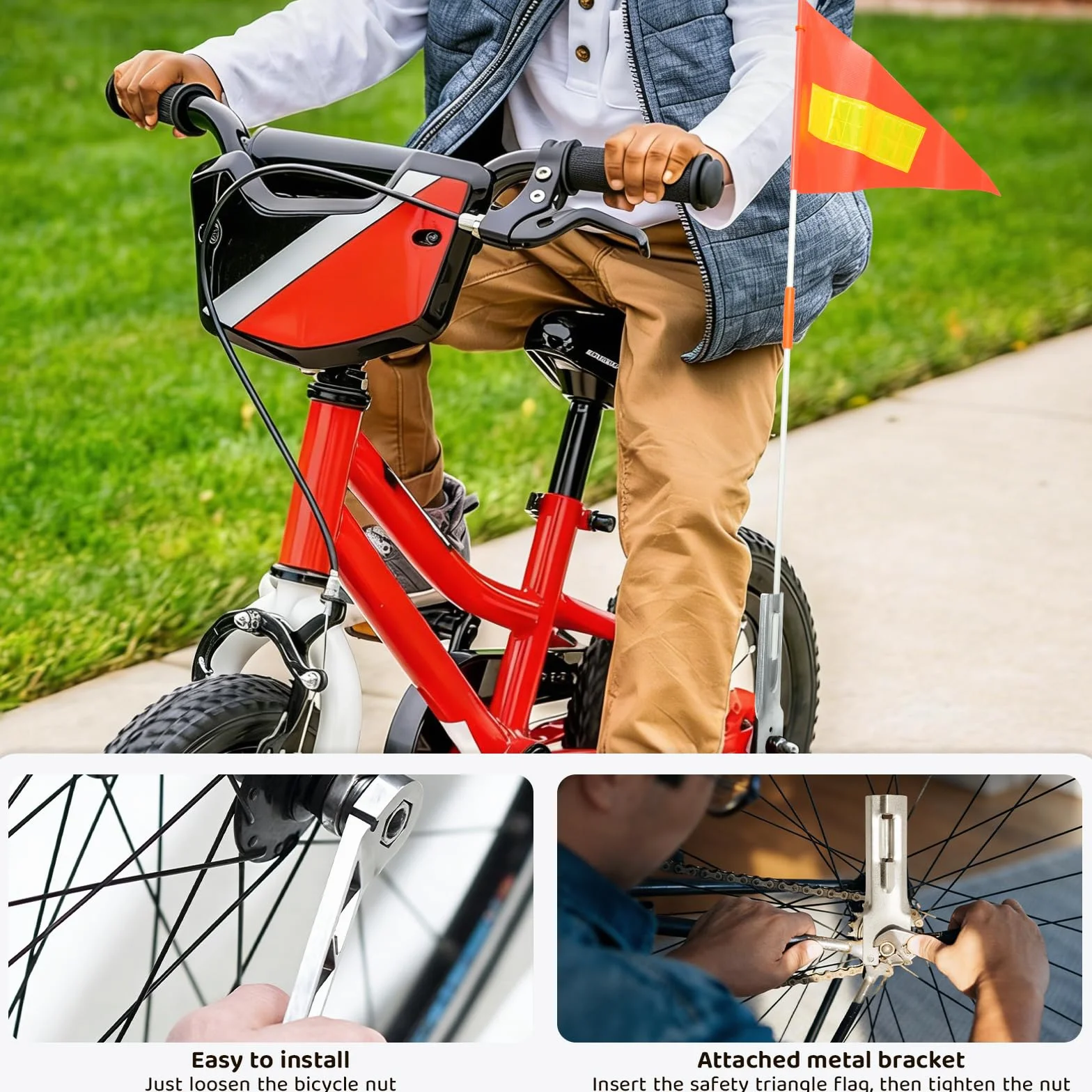Bandiera di Sicurezza per Biciclette per Bambini, Arancione con Striscia Riflettente, Triangolare Riflettente