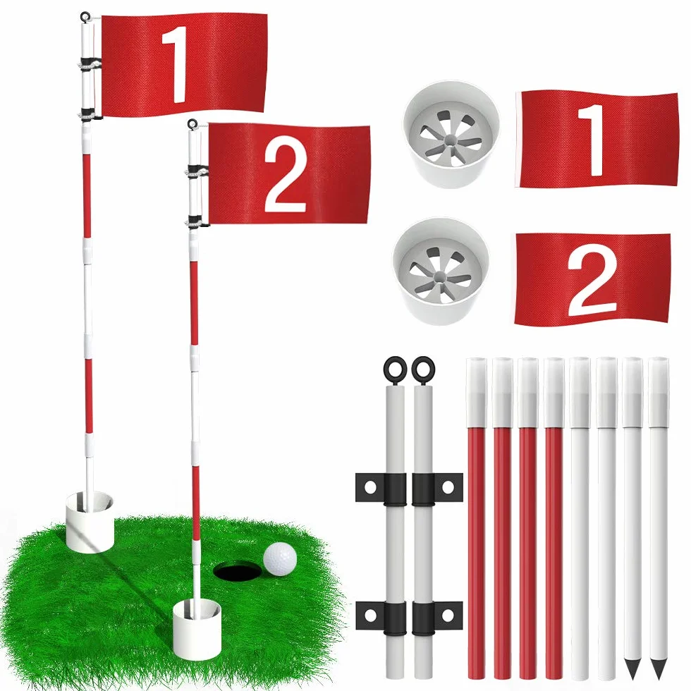 THIODOON 2 Pezzi Asta da Golf Bandierina da Golf da 1,8 m e Coppa per Yard Pro Coppa da Golf Staccabile e Bandiera per Aggiornamento Campo Pratica Fibra di Vetro Antiruggine a 5 Sezioni con Connettori