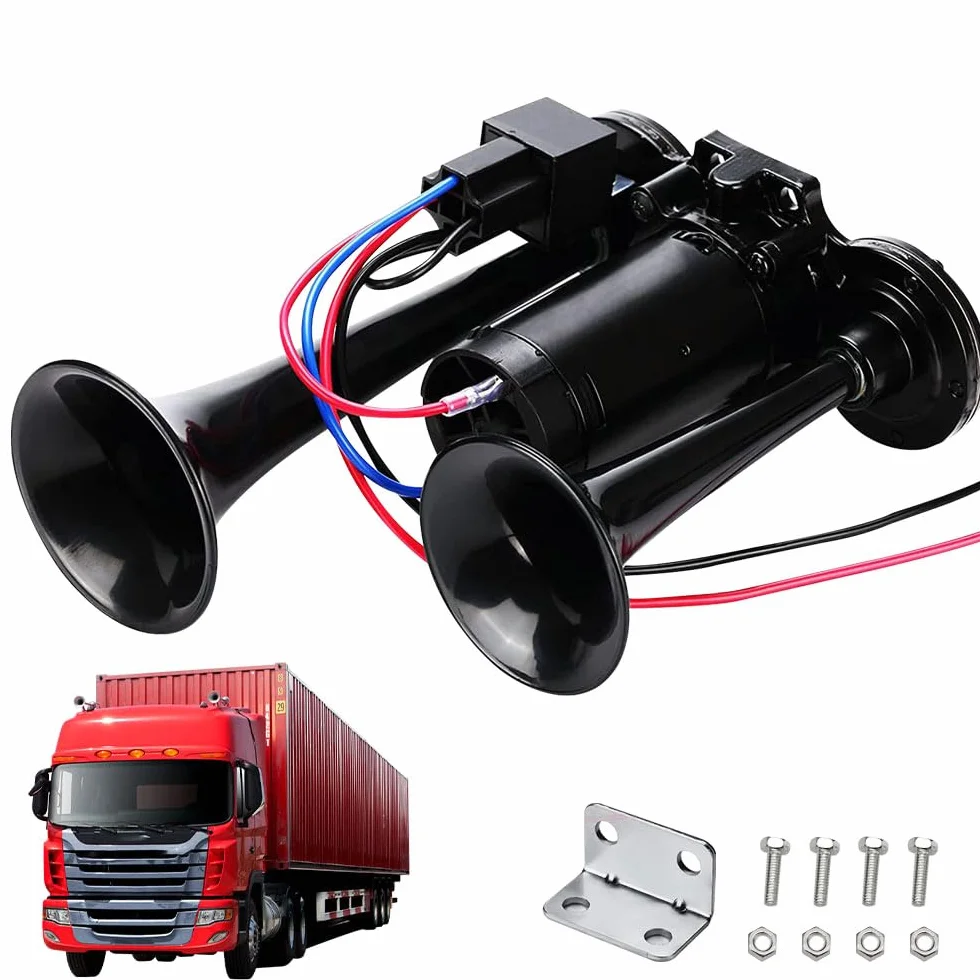 Tromba Camion 12V, 600DB Clacson Auto Super Rumorosa, Doppio Tubo Tromba Daria con Compressore, Trombe Auto per 12V Veicoli Camion Lorrys Treni Barche Automobili, Nero