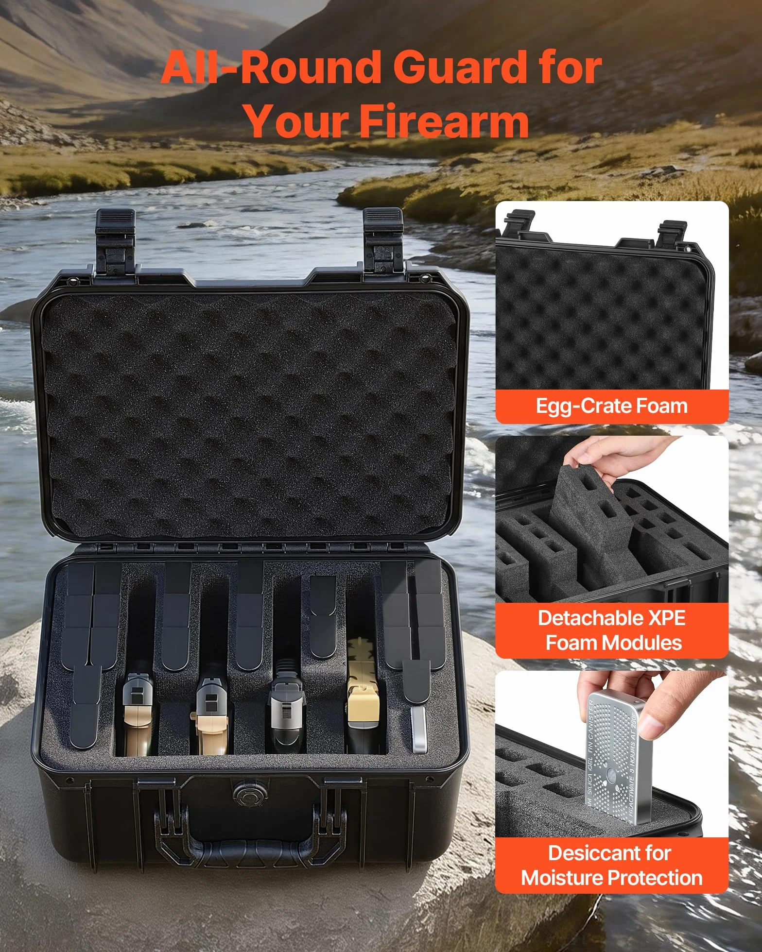 VEVOR Custodia Rigida per Pistola Impermeabile IP67 404x319x192 mm 4 Pistole Fodera Schiuma XPE
