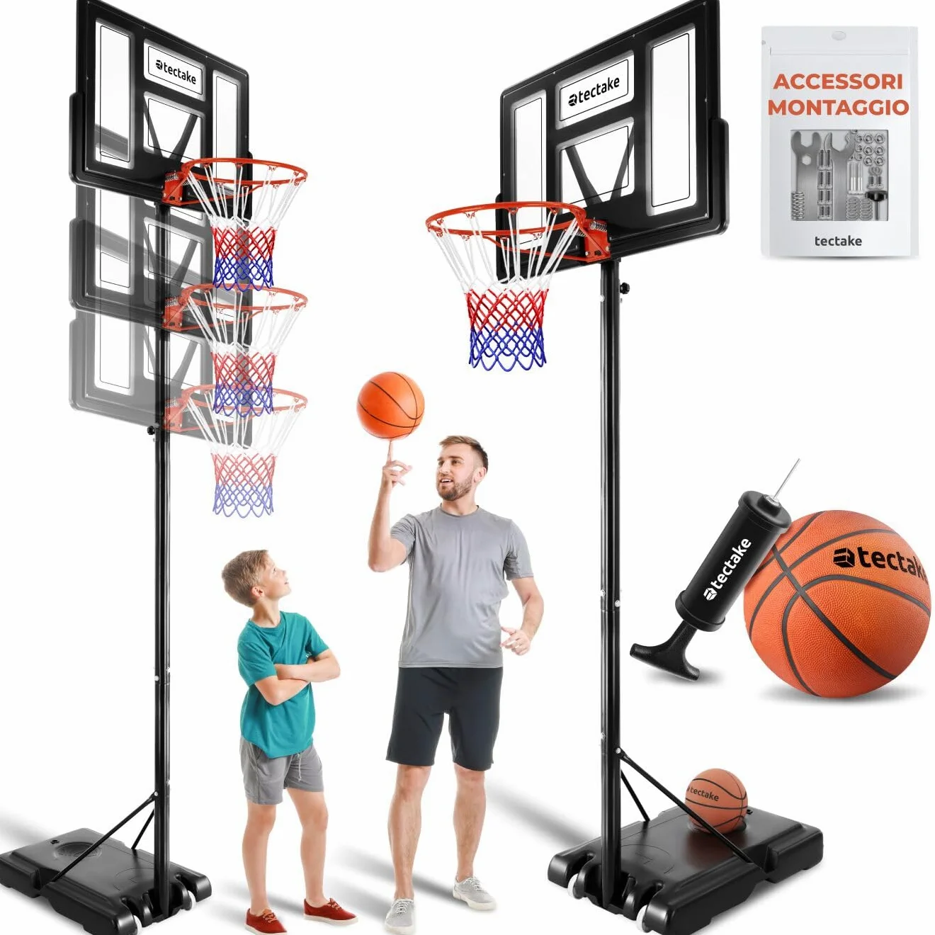 tectake® Canestro Basket con Ruote, Canestro Basket Esterno e Interno con Asta Regolabile in Altezza, Base Riempibile con Acqua o Sabbia, Tabellone Pallacanestro Interno Esterno per Bambini e Adulti