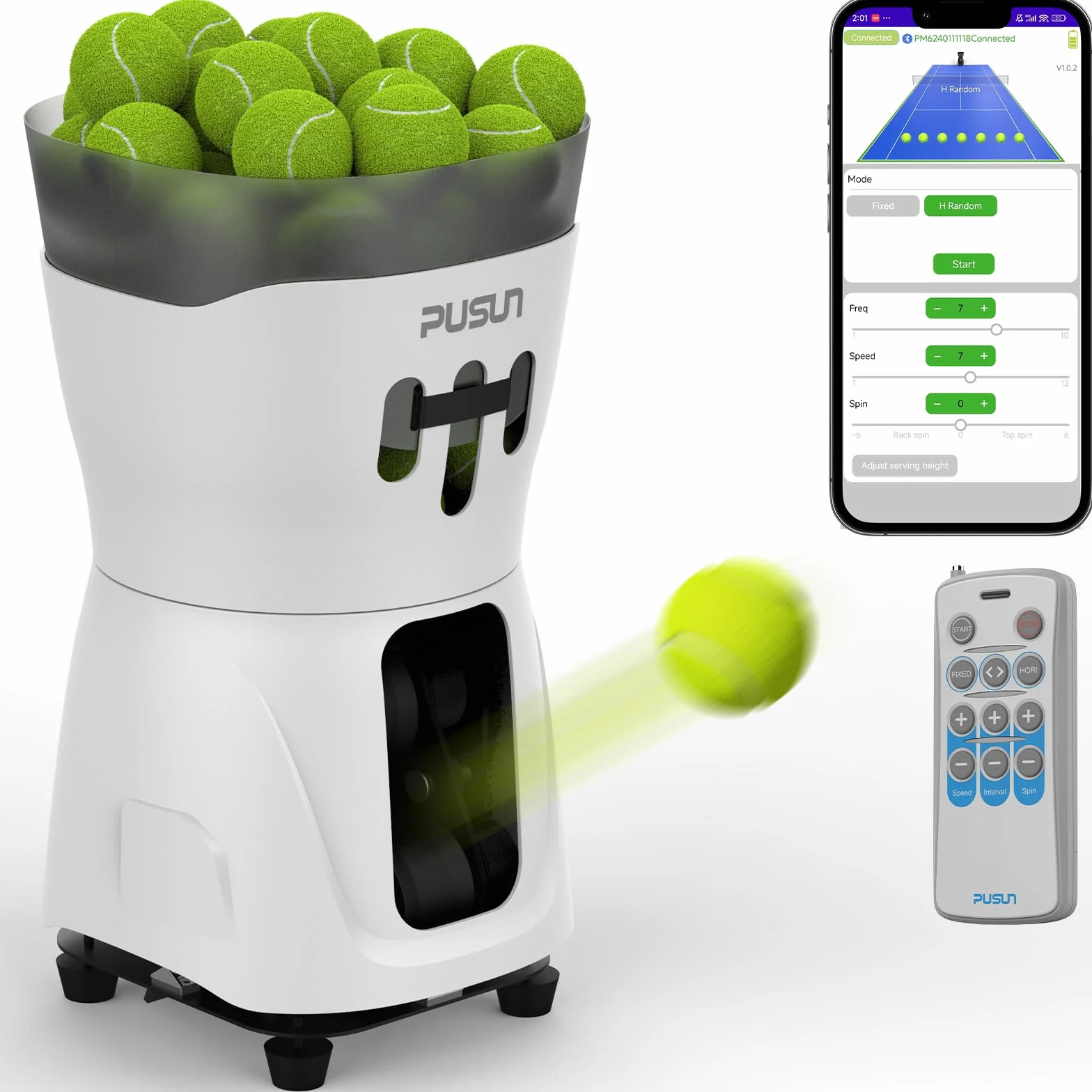 PUSUN PT-MINIPro Automat do piłek tenisowych, lekki, 65 piłek, sterowanie APP, trening