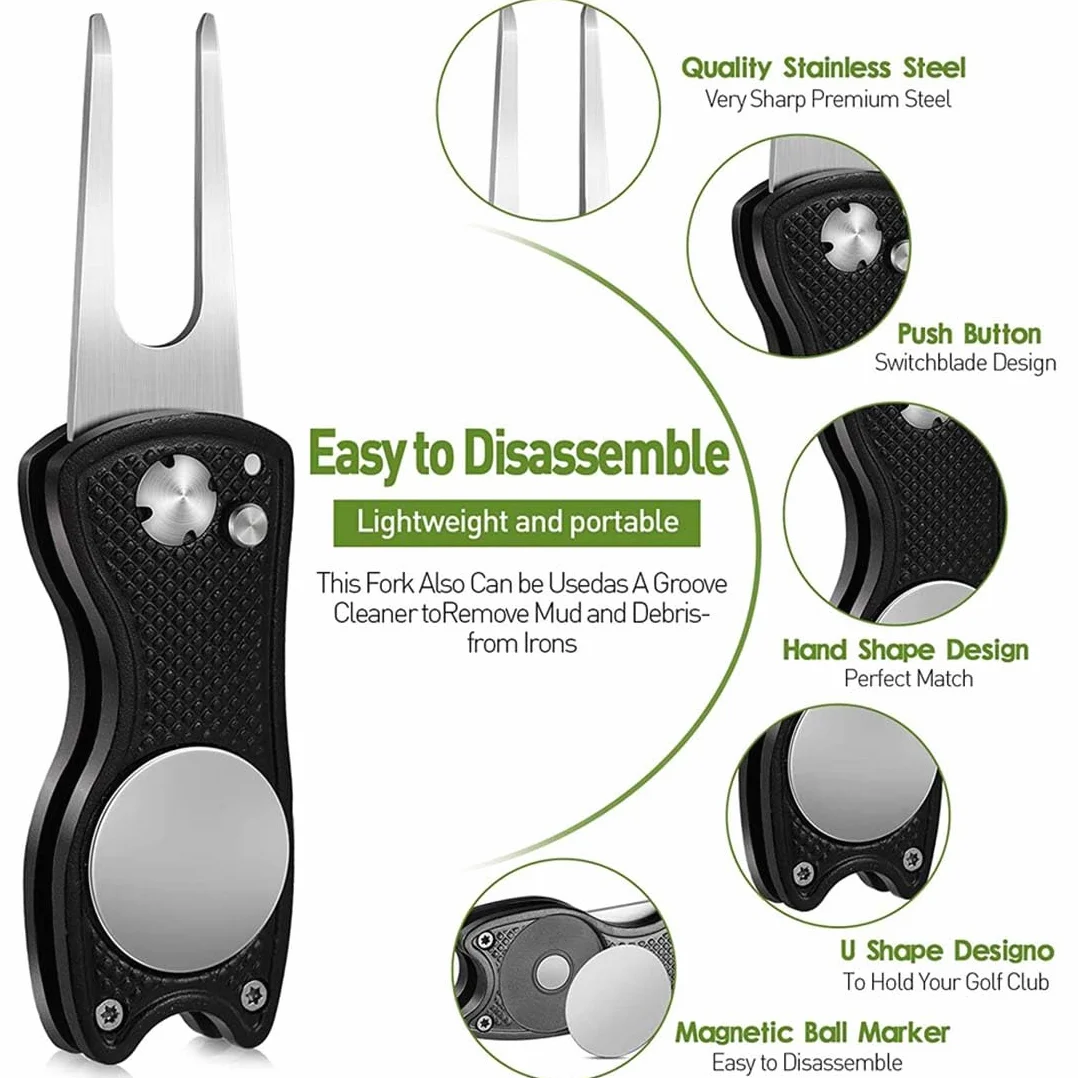 Strumento di Riparazione Divot da Golf Pieghevole con Marcatore Magnetico Nero