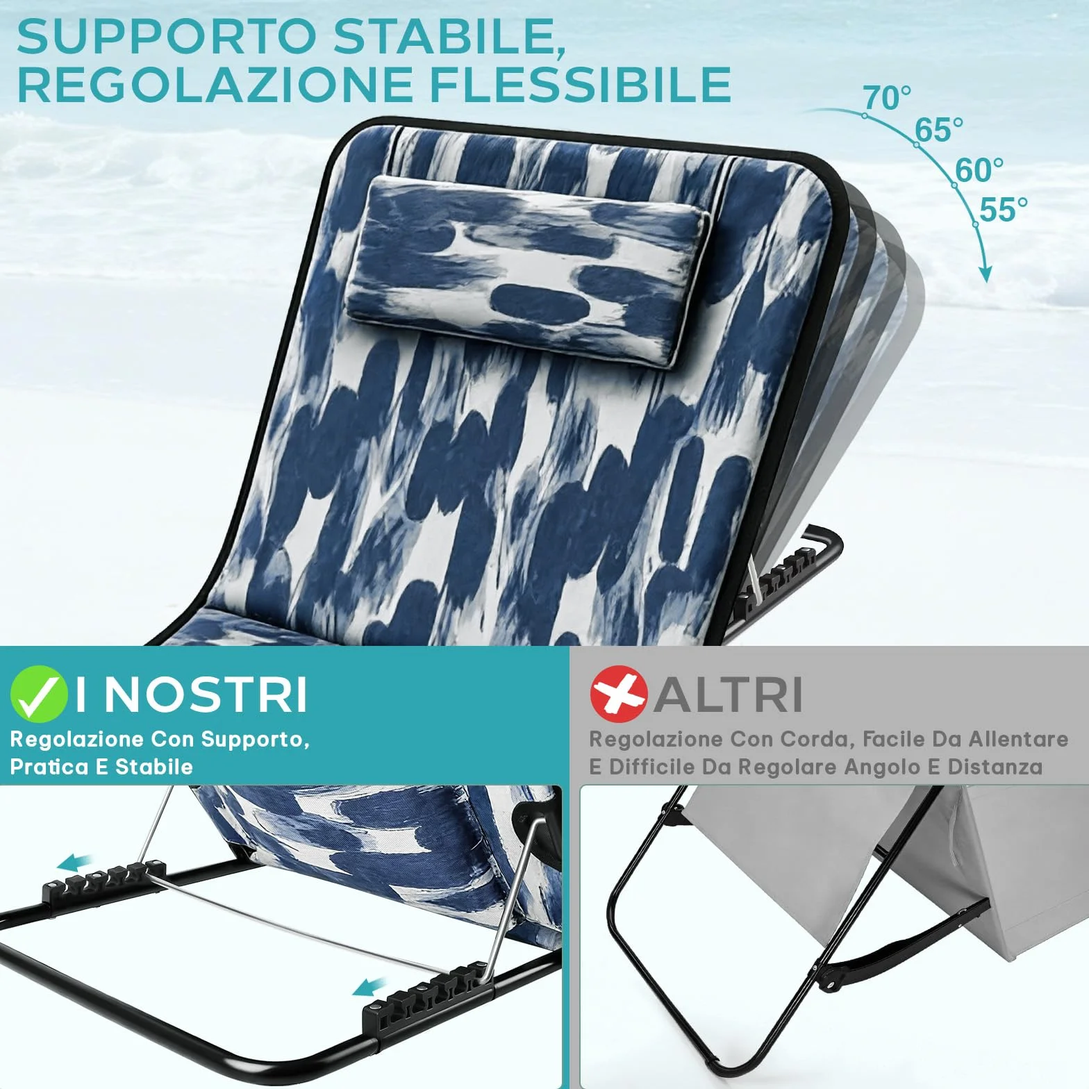 Lettino da Spiaggia Pieghevole con Poggiatesta, Schienale Reclinabile, Portata 150 kg, Tasca Portaoggetti (Blu)