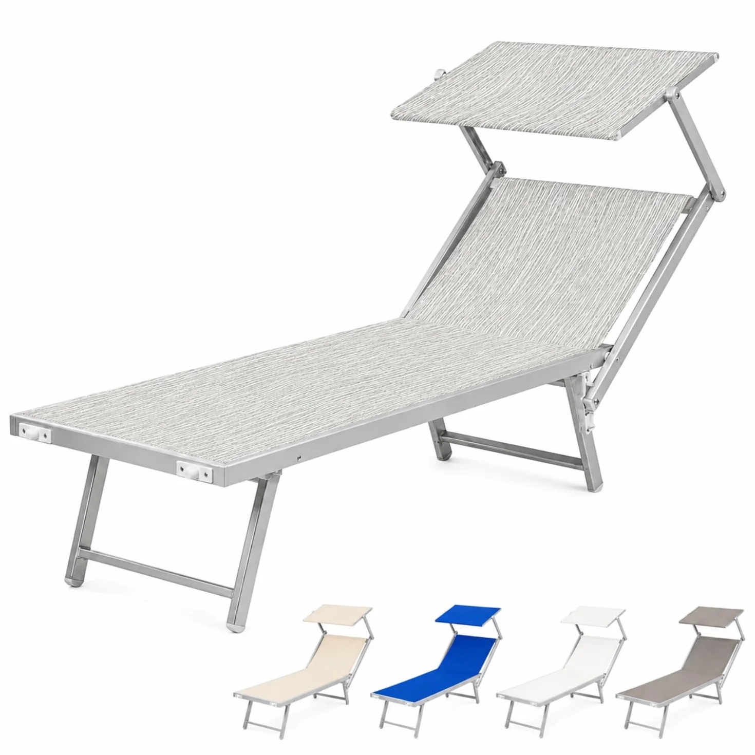 PALUPLUS Lettino Prendisole Professionale in Alluminio, Misura 186x61x40 cm, Tessuto Textilene, con Tetto Parasole e Schienale Regolabile, per Spiaggia, Lido, Piscina, Portata 150Kg -8441F (Grigio)