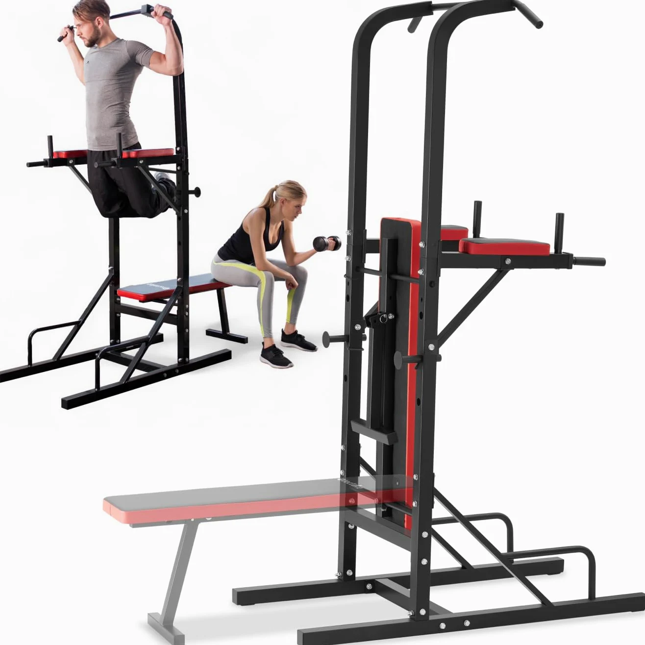tectake® Panca Multifunzione, Power Tower, Supporto Bilanciere, Pieghevole, Attrezzo Fitness Casa, per Pesi, per Allenamento, Home Gym, Palestra, per Addominali