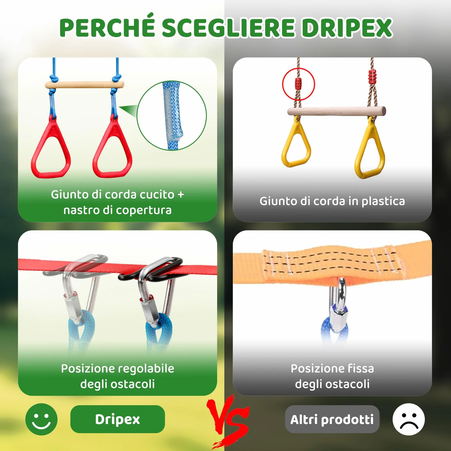 Dripex Percorso ad Ostacoli Ninja per Bambini 15m×2 Slackline 10 Ostacoli durevoli Allenamento all'aperto Cortile Altalena Rete Scala Arrampicata