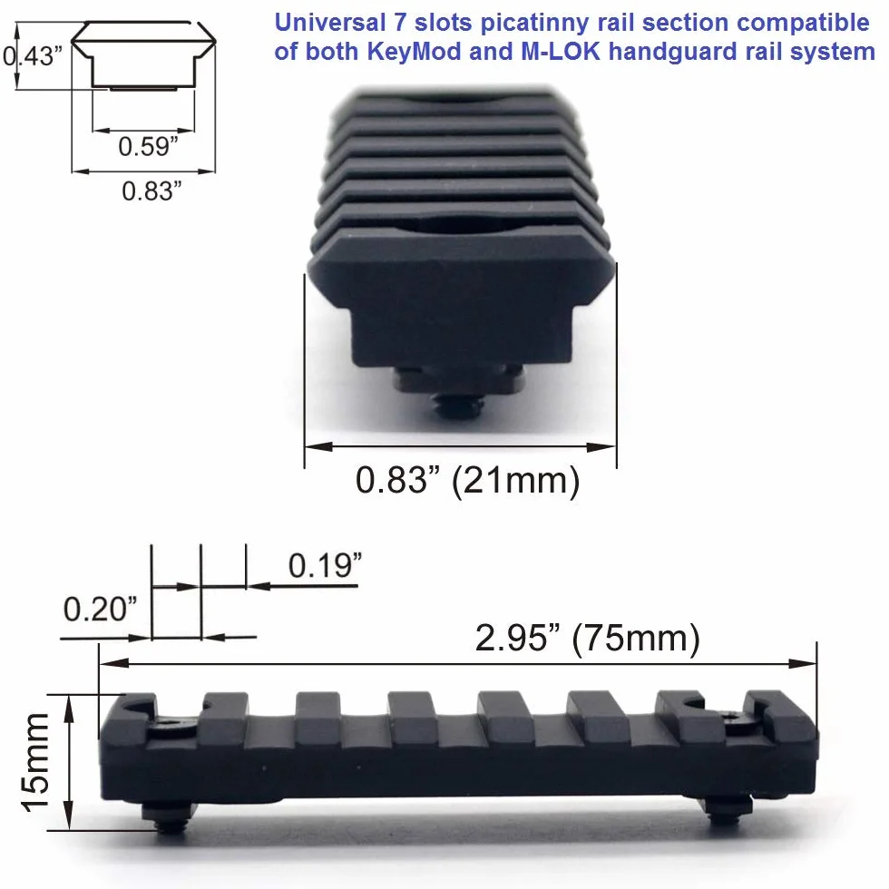 Trirock Universal 7 Slots Picatinny Rail Section KeyMod M-LOK Black