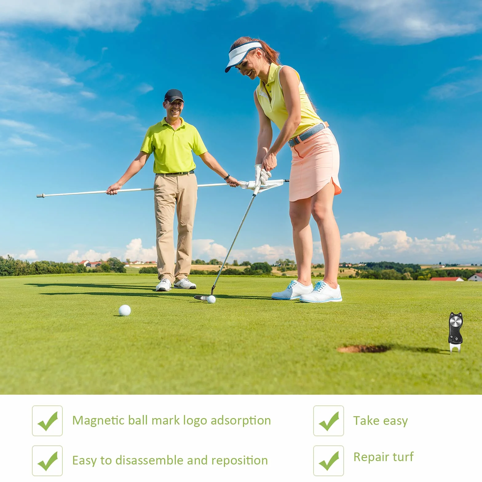 Strumento di Riparazione Divot Golf in Acciaio Inossidabile Forcone Pieghevole con Pennarello, Nero