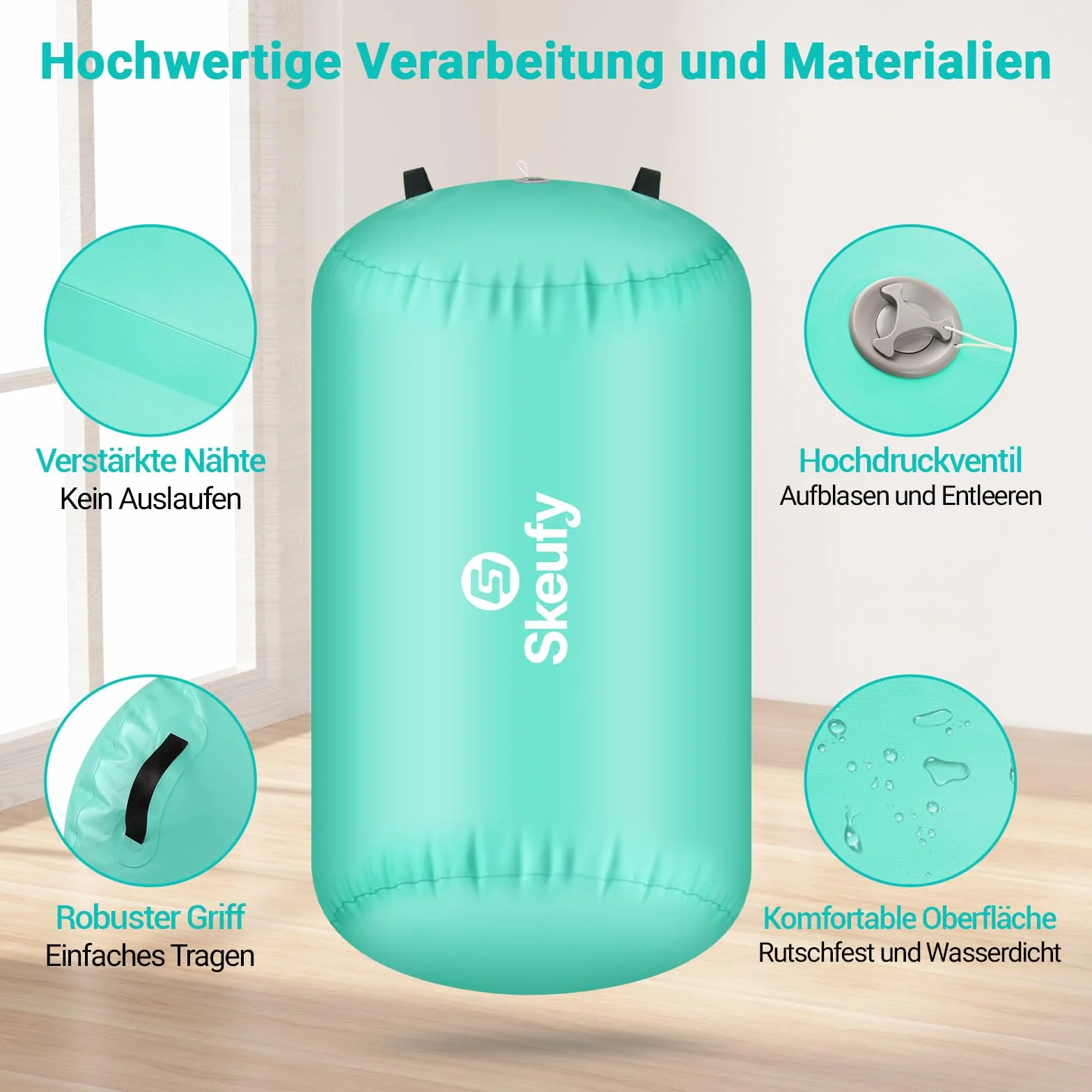 Skeufy Airtrack - Rotelle gonfiabili, cilindri per yoga, ginnastica, palestra, Air Barrel, colonna d'aria, tappetino sportivo per casa, attività all'aperto, fitness, verde, 100 x 60 cm