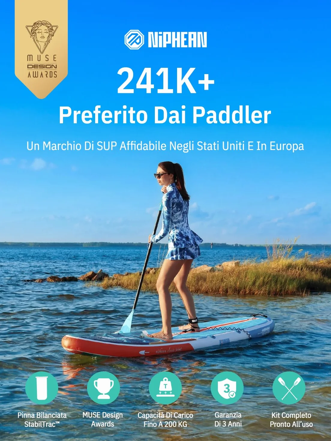 Niphean SUP Gonfiabile Adulti 320cm Paddle Board Capacità 200kg per 2 Persone con Accessori