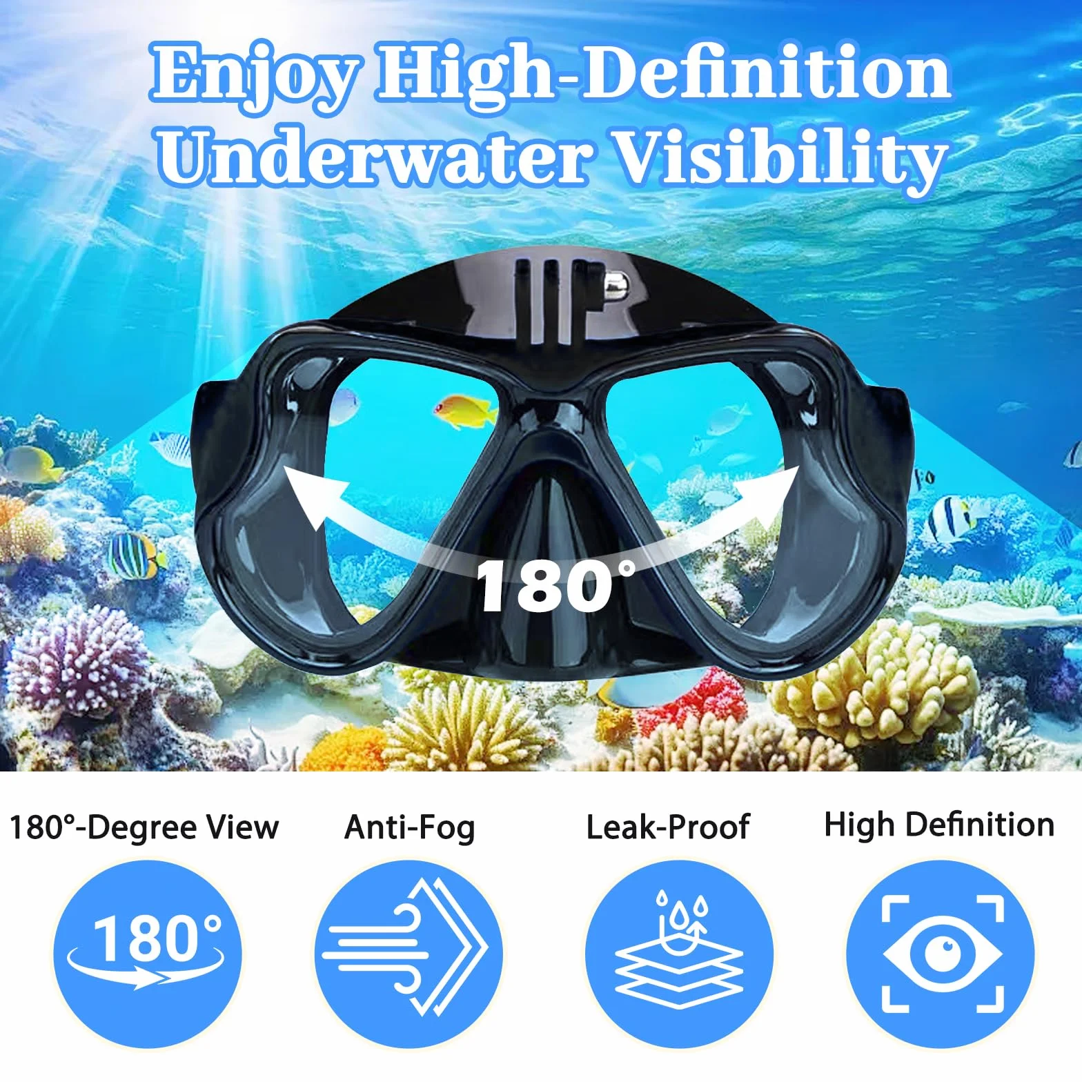 Maschera Snorkeling Subacquea Adulti con Supporto Fotocamera, Panoramica 180° Anti-Appannamento Vetro Temperato
