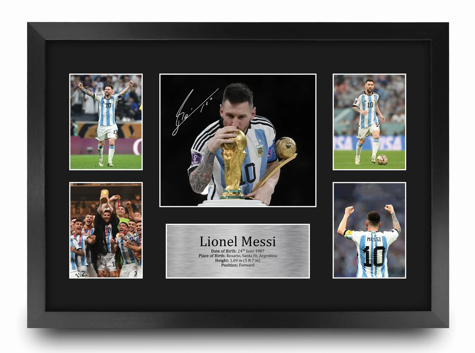 Quadretto con foto e autografo di Lionel Messi dell'Argentina formato A3 con cornice