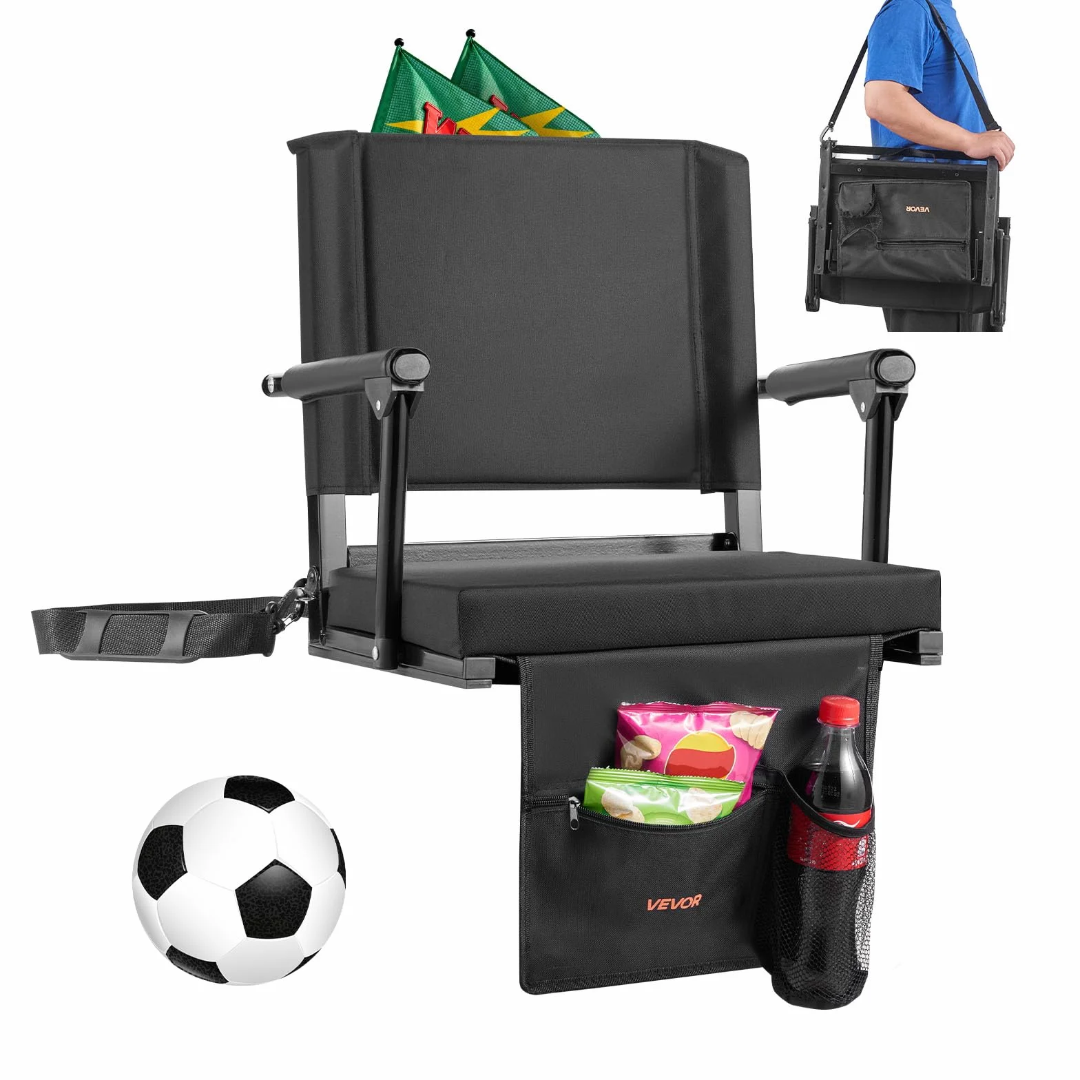 VEVOR Sedia da Stadio Portatile con Schienale e Braccioli, Cuscino in Tessuto Oxford 600D, Nera