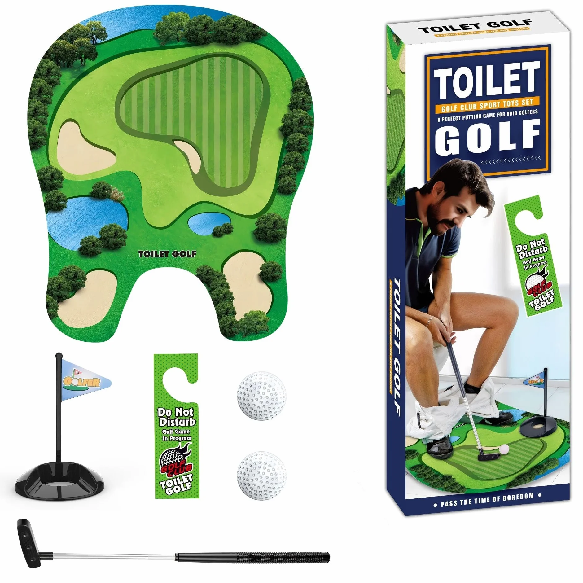 Golf Toilet Game Set 6 Pezzi, Divertente Minigolf Regalo Uomo con Mazza 65 cm, Tappetino, 2 Palline