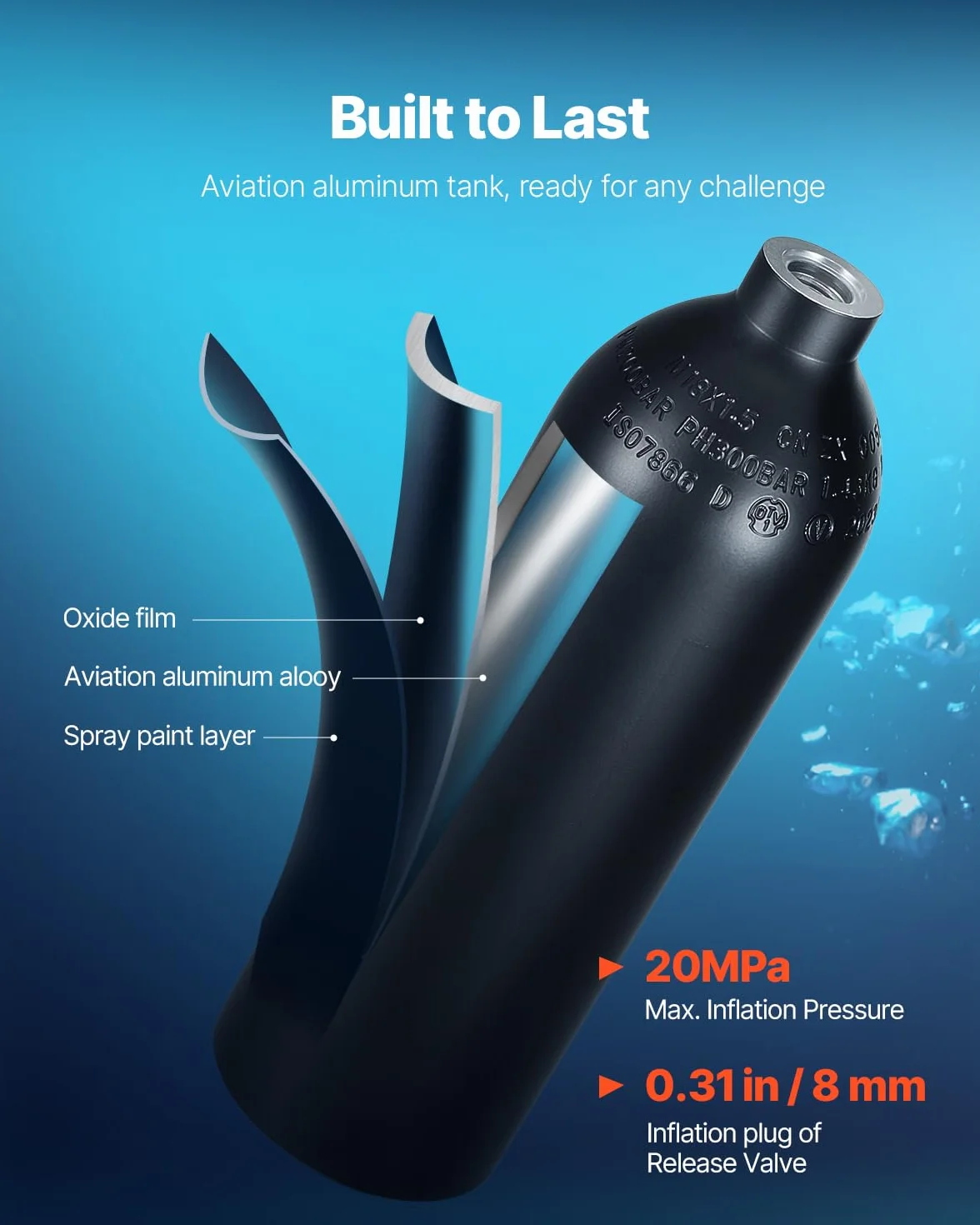 VEVOR Bombola Subacquea Portatile, capacità del Cilindro 1 L Bombola di Ossigeno per Immersioni, Supporta 15 a 20 Minuti di Respirazione Subacquea, profondità di Immersione 30 m con Pompa, Nero