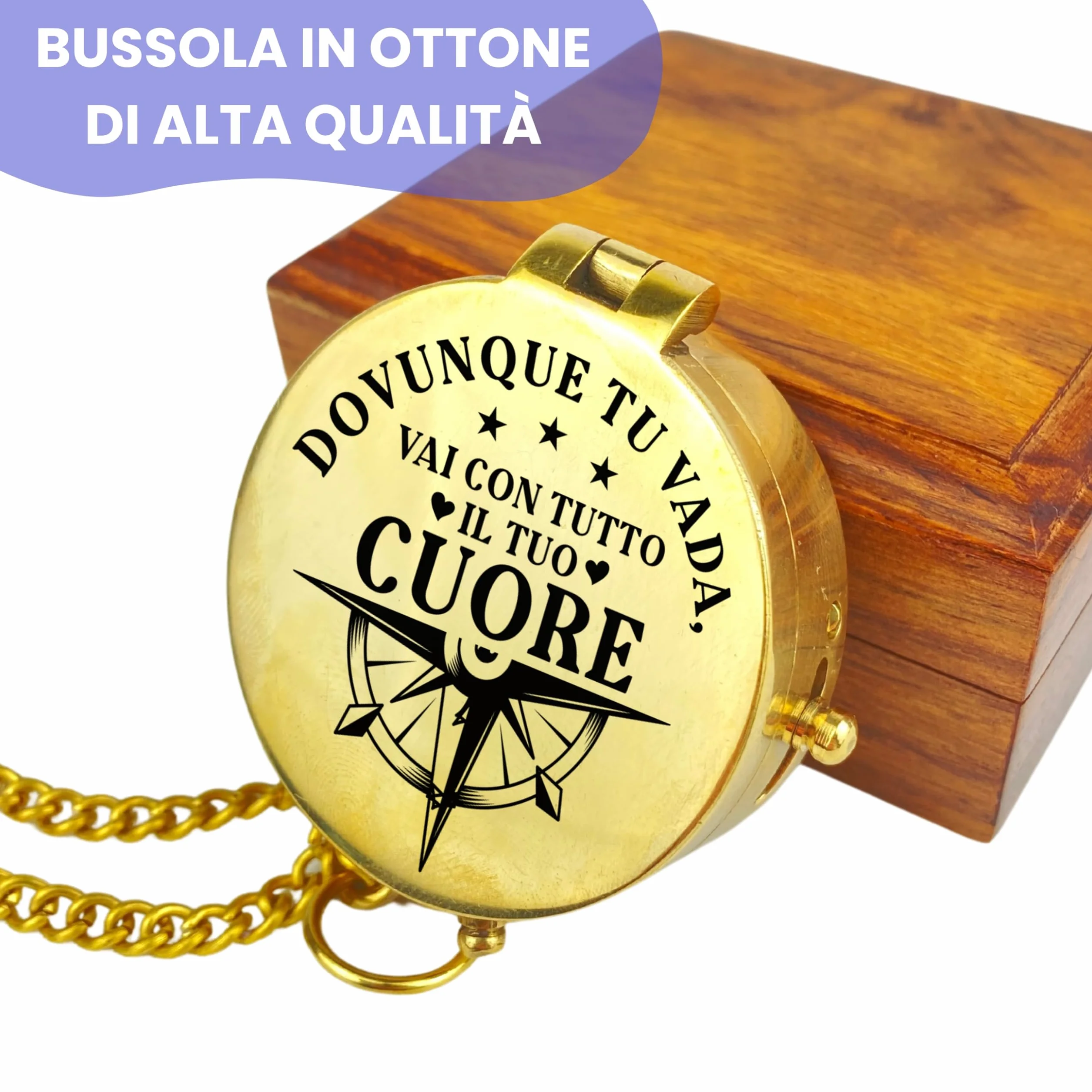 Bussola personalizzata in ottone e pelle con incisione motivo marittimo, regalo