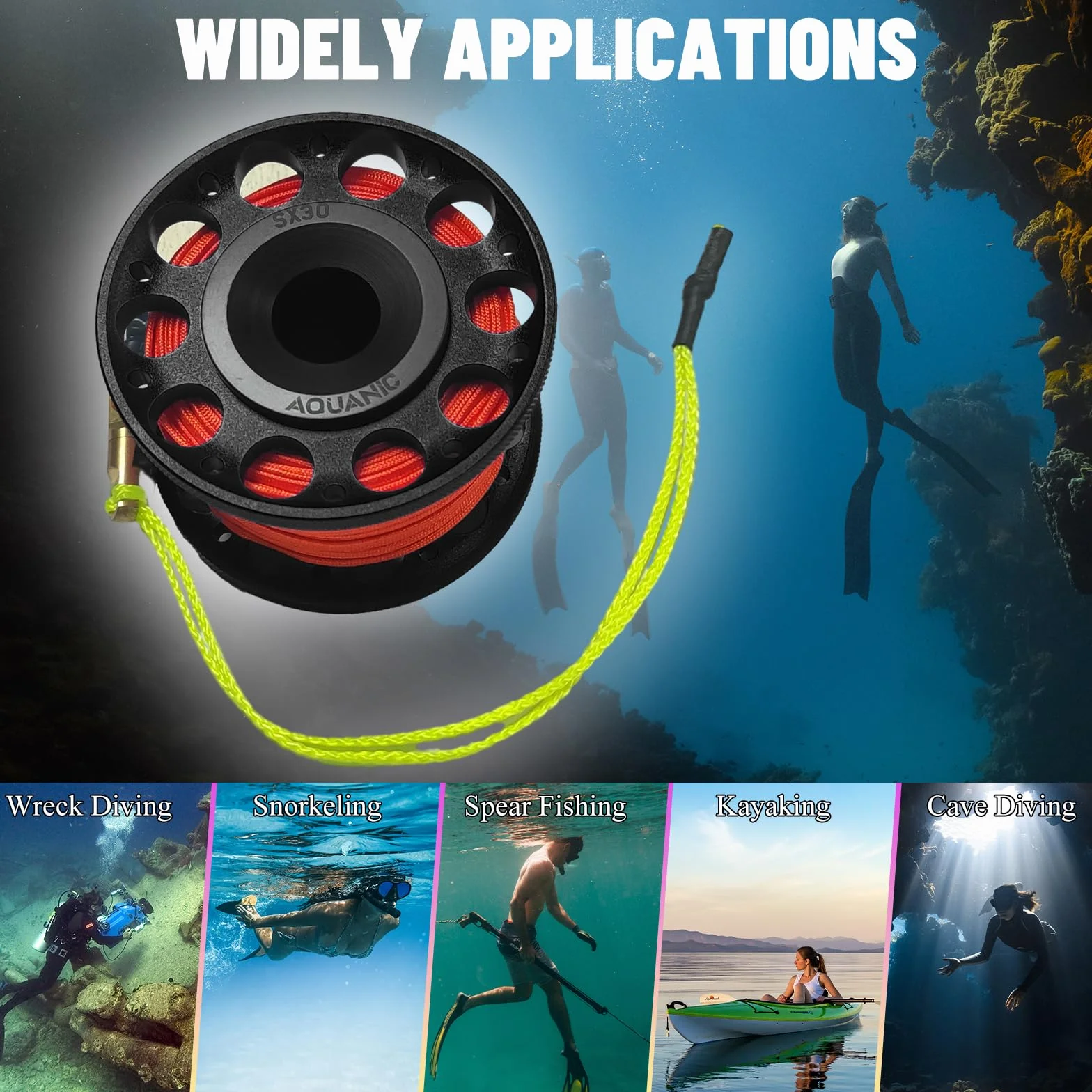 Nitescuba Mulinello per Immersioni Subacquee 25 m Alluminio Clip a Scatto Doppia Estremità