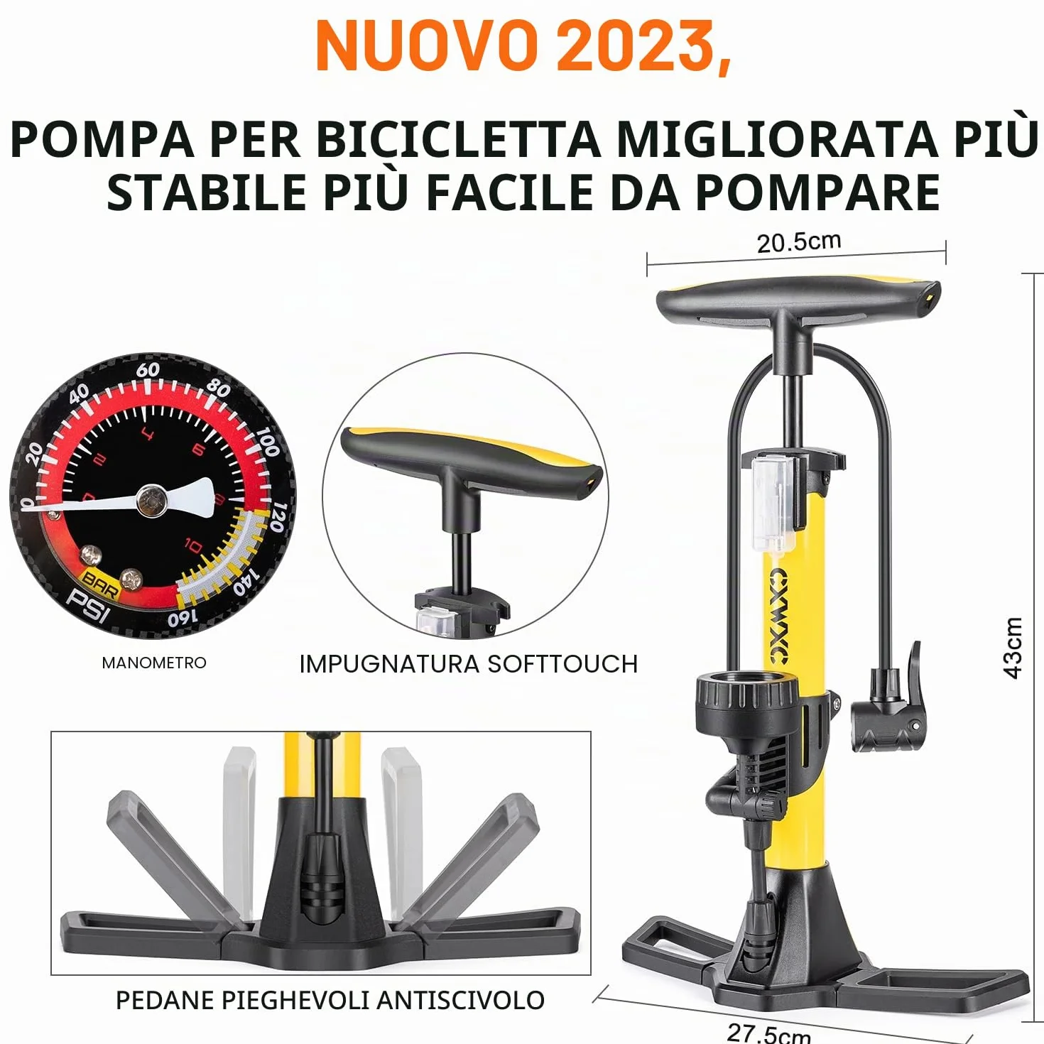 Pompa per bicicletta con manometro 11 bar/160 psi per strada, e-bike, MTB