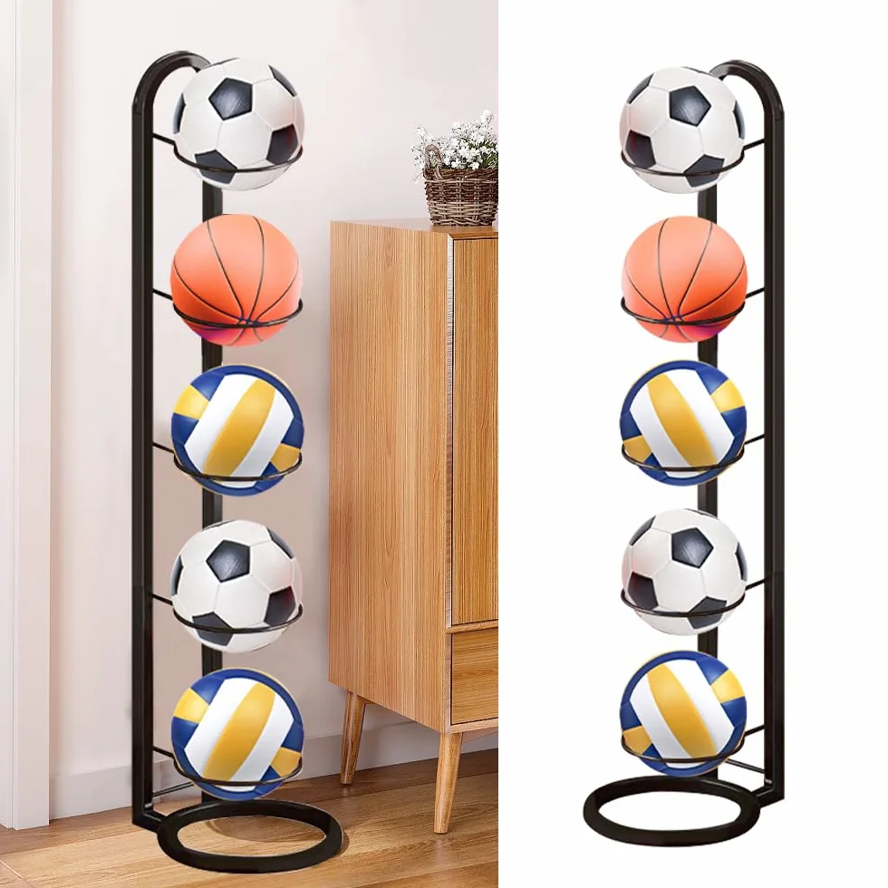 Rastrelliera da Basket Verticale 5 Livelli Porta Pallone Calcio in Metallo Scaffale Stoccaggio Sportivo - Nero