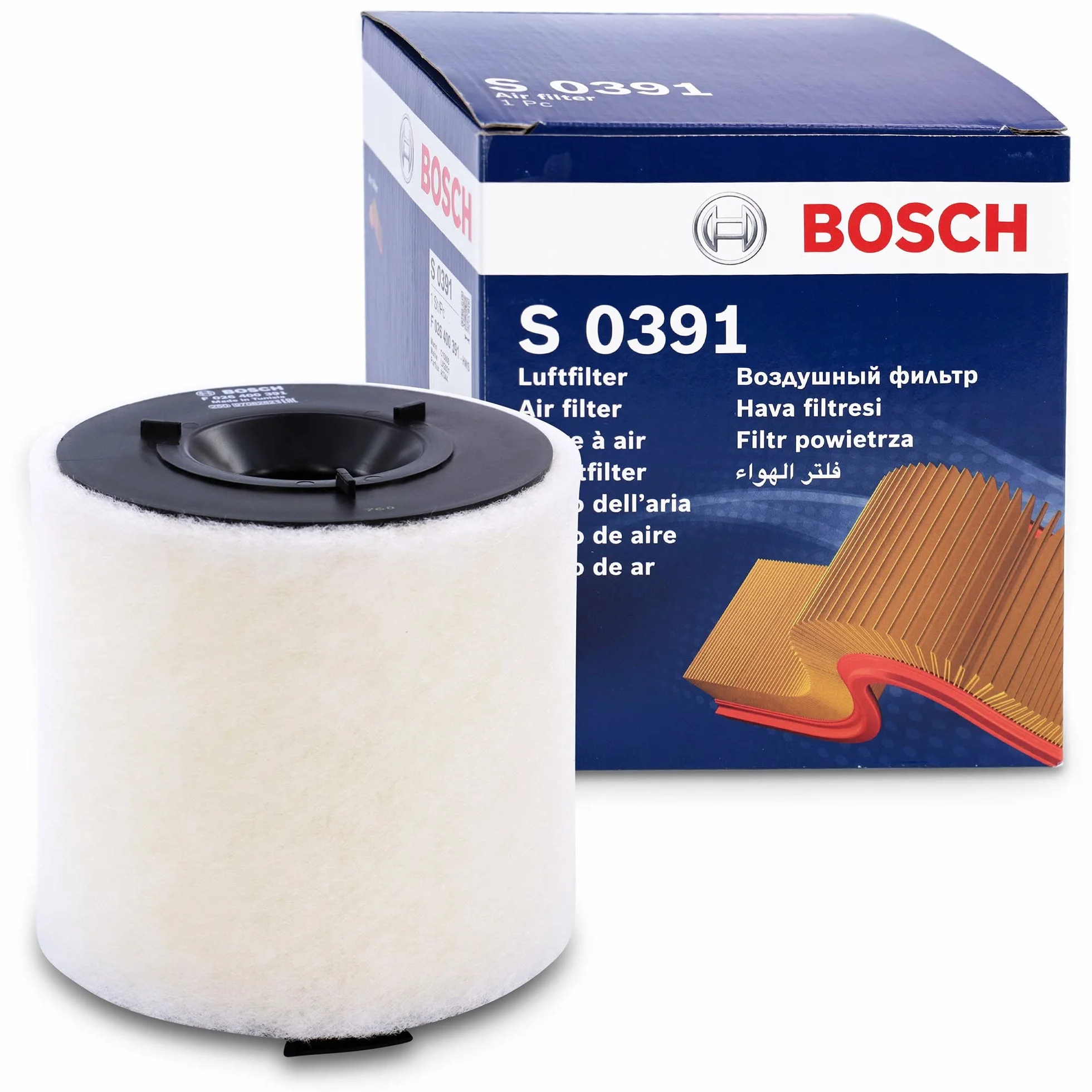 Bosch Filtro Aria per Auto S0391 - Trattiene le particelle solide all'esterno della presa d'aria - Resistente all'umidità ed altamente resistente alla trazione