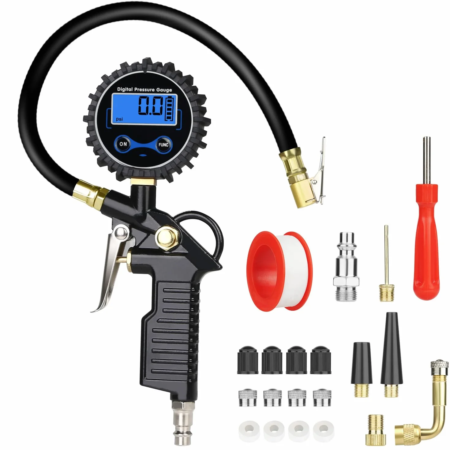 URAQT 3 in 1 Manometro Pressione 220PSI Manometro Digitale Professionale, Manometro per Pneumatici con Display LCD e 20 Accessori, Manometri per Pneumatici per Auto Moto Camion e Biciprofessionale