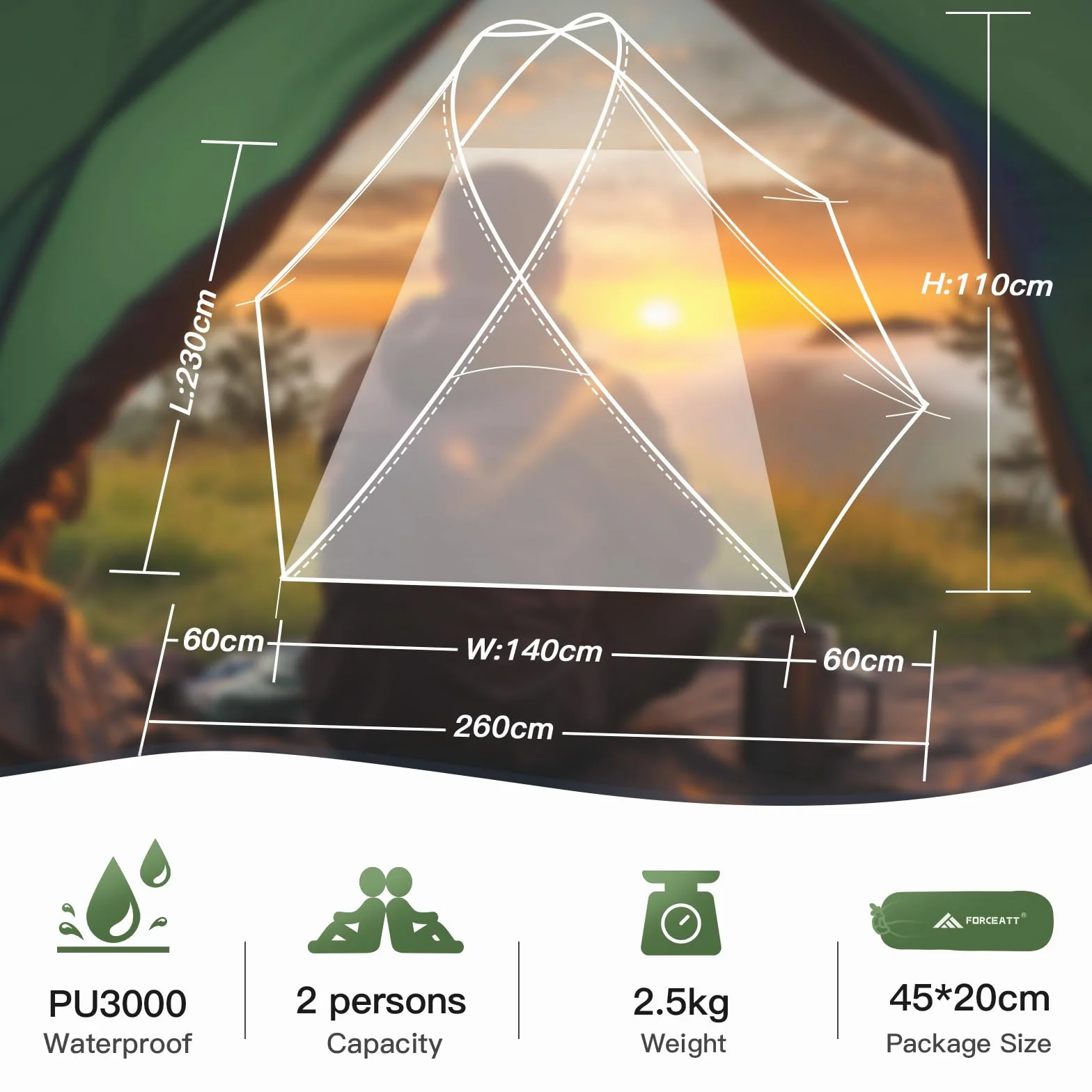 Forceatt Tenda Campeggio 2 Persone Ultraleggera 3-4 Stagioni Impermeabile Antivento