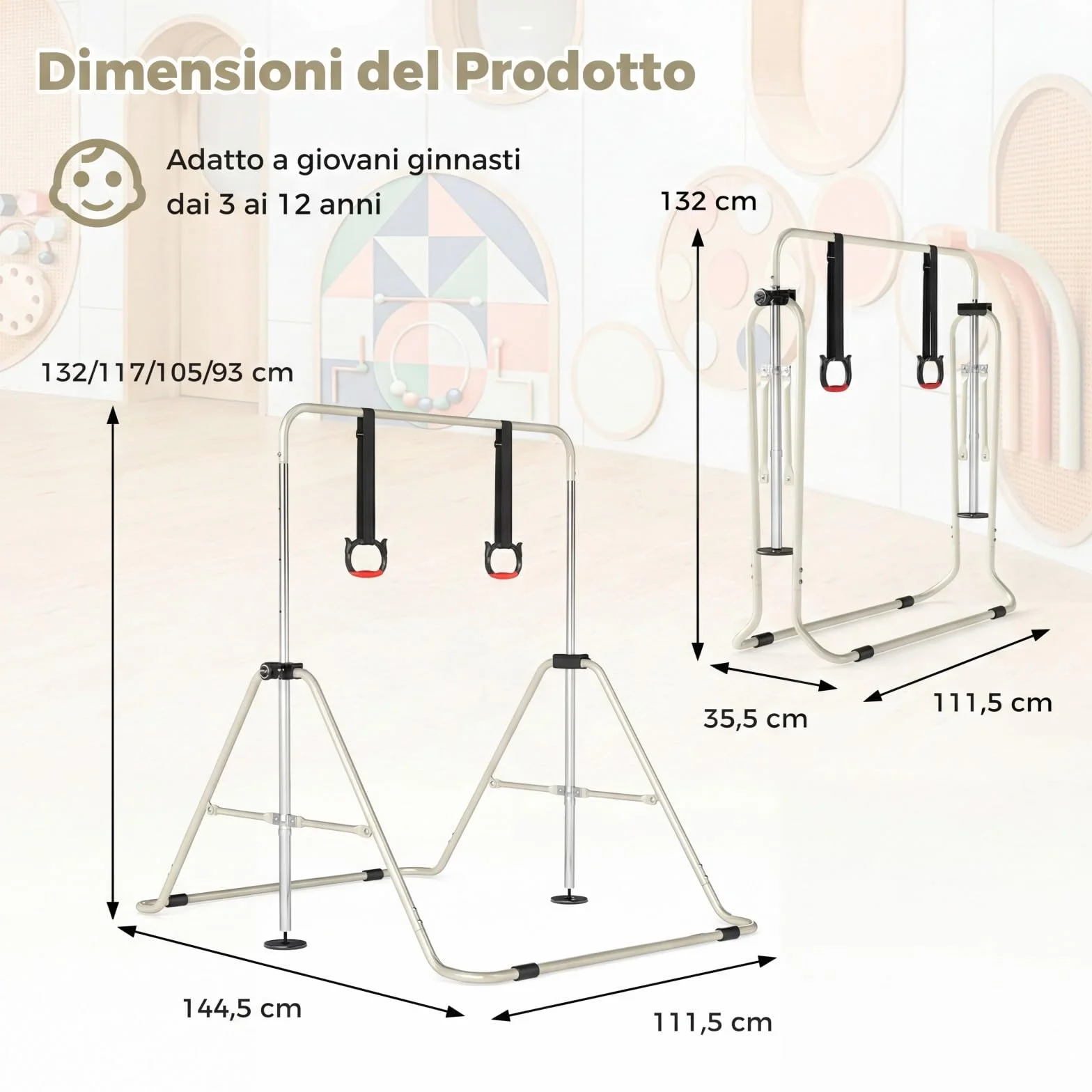 COSTWAY Sbarra Ginnastica Pieghevole per Bambini, Regolabile a 4 Livelli con Anelli e Cuscinetti Antiscivolo
