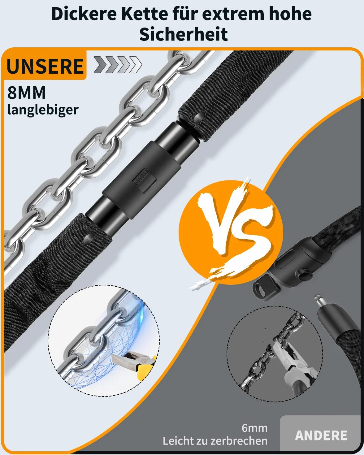 Sportneer Lucchetto Bici Catena 8mm 100cm Antifurto Acciaio Temprato con 2 Chiavi