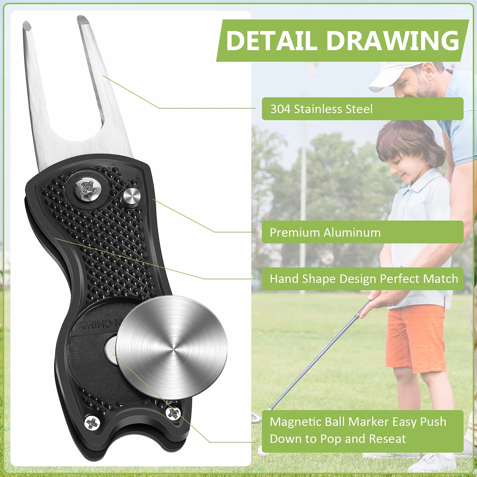 Strumento di Riparazione Divot Golf in Acciaio Inossidabile Forcone Pieghevole con Pennarello, Nero