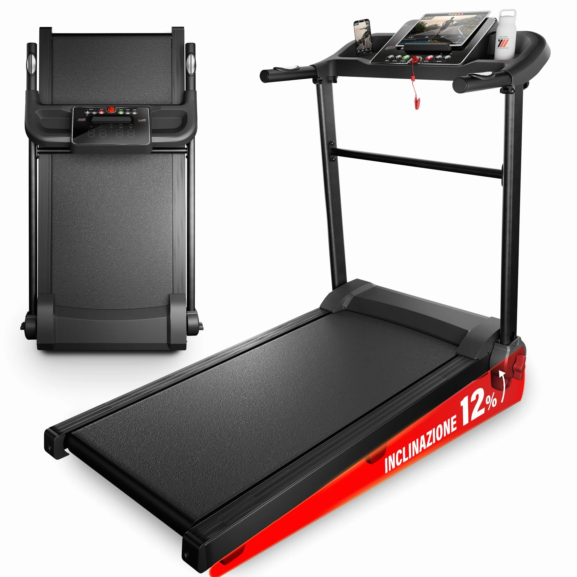 YM Tapis Roulant Salvaspazio 12 km/h, MARCHIO ITALIANO, Inclinazione, Pieghevole, Elettrico, Tappeto Corsa XL, Telaio Rinforzato, Display, Porta Tablet, ASSISTENZA e GARANZIA ITALIA Your Move