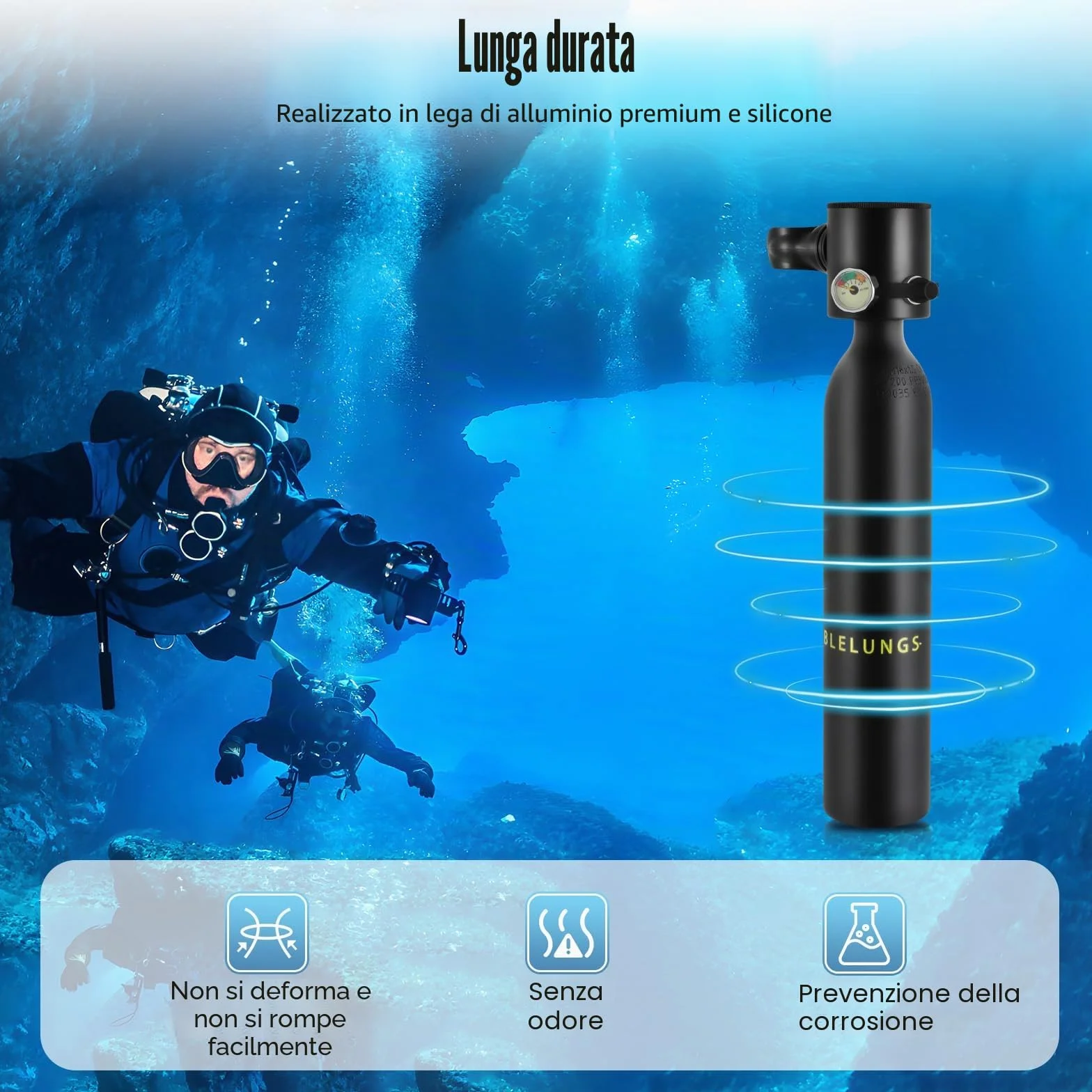 Mini Bombola di Ossigeno 0,5L Portatile per Immersioni con Misuratore di Pressione Impermeabile Illuminato 15-20 Minuti