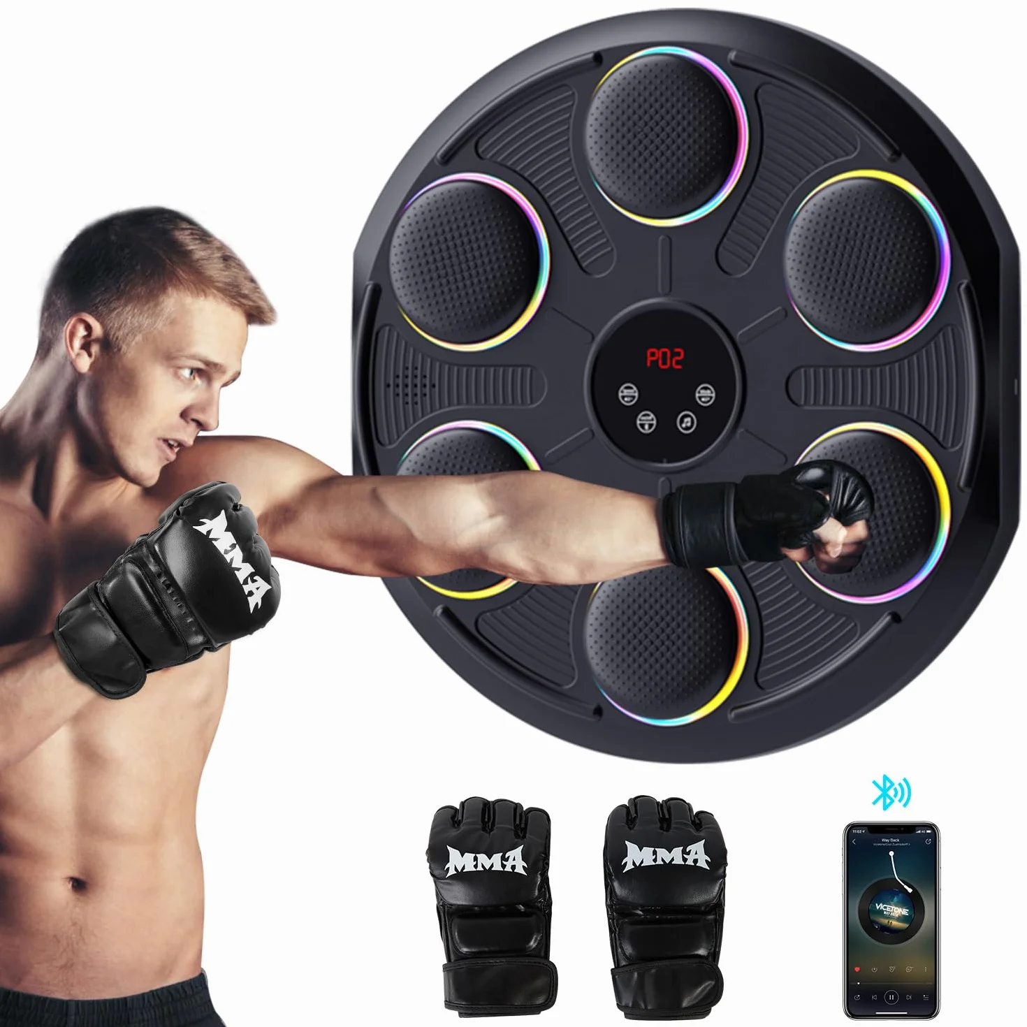 Music Boxing Machine - Tirapugni Musicale da Parete con 12 velocità e modalità Luce, Bluetooth, Macchina da Boxe per Allenamento Casa, Include Guanti MMA, per Allenamento Casa Adulti