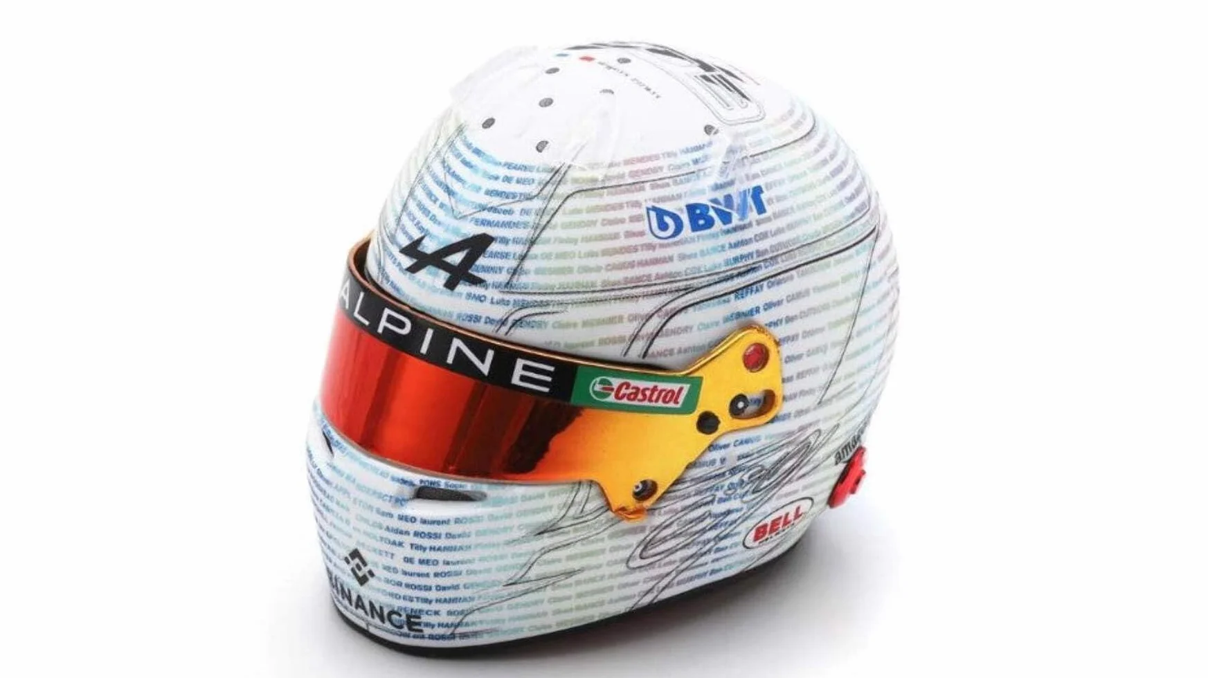 F1 Alpine Team, Merchandising ufficiale, modelli di caschi Bell, Esteban Ocon, mini casco in scala 1/5, edizione speciale, 2023, GP del Regno Unito, Silverstone