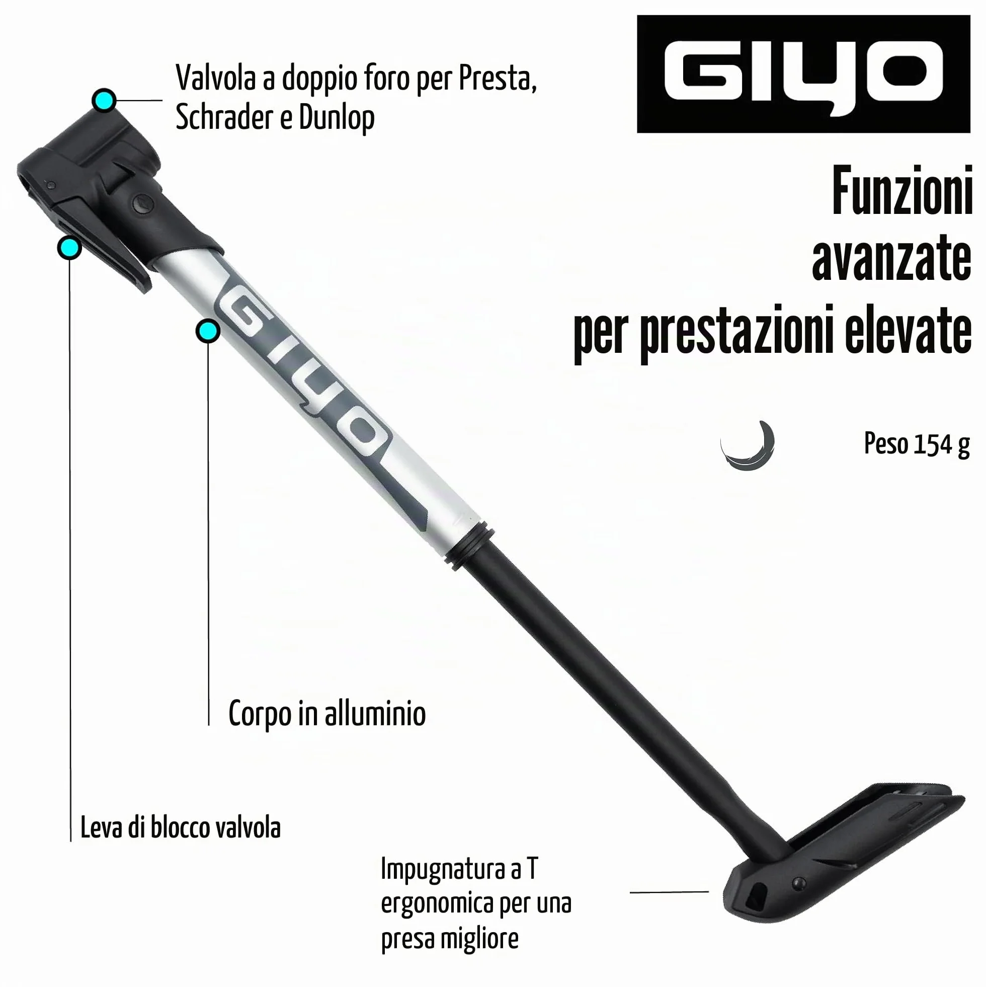 GIYO GP-44DH Mini pompa per bicicletta per pneumatici senza camera d'aria, testa doppio foro, compatibile Presta Schrader Dunlop