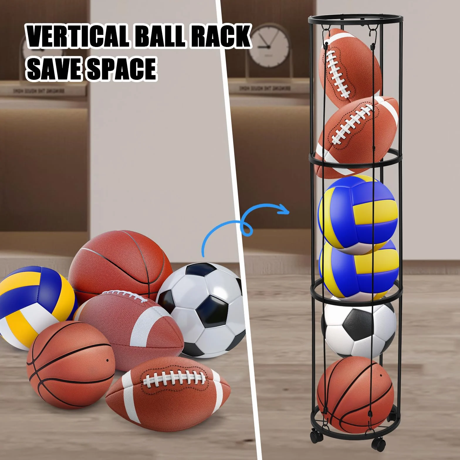 Rastrelliera per Palloni a 3 Livelli Verticale per Basket Calcio Attrezzature Sportive Scaffale Rimovibile