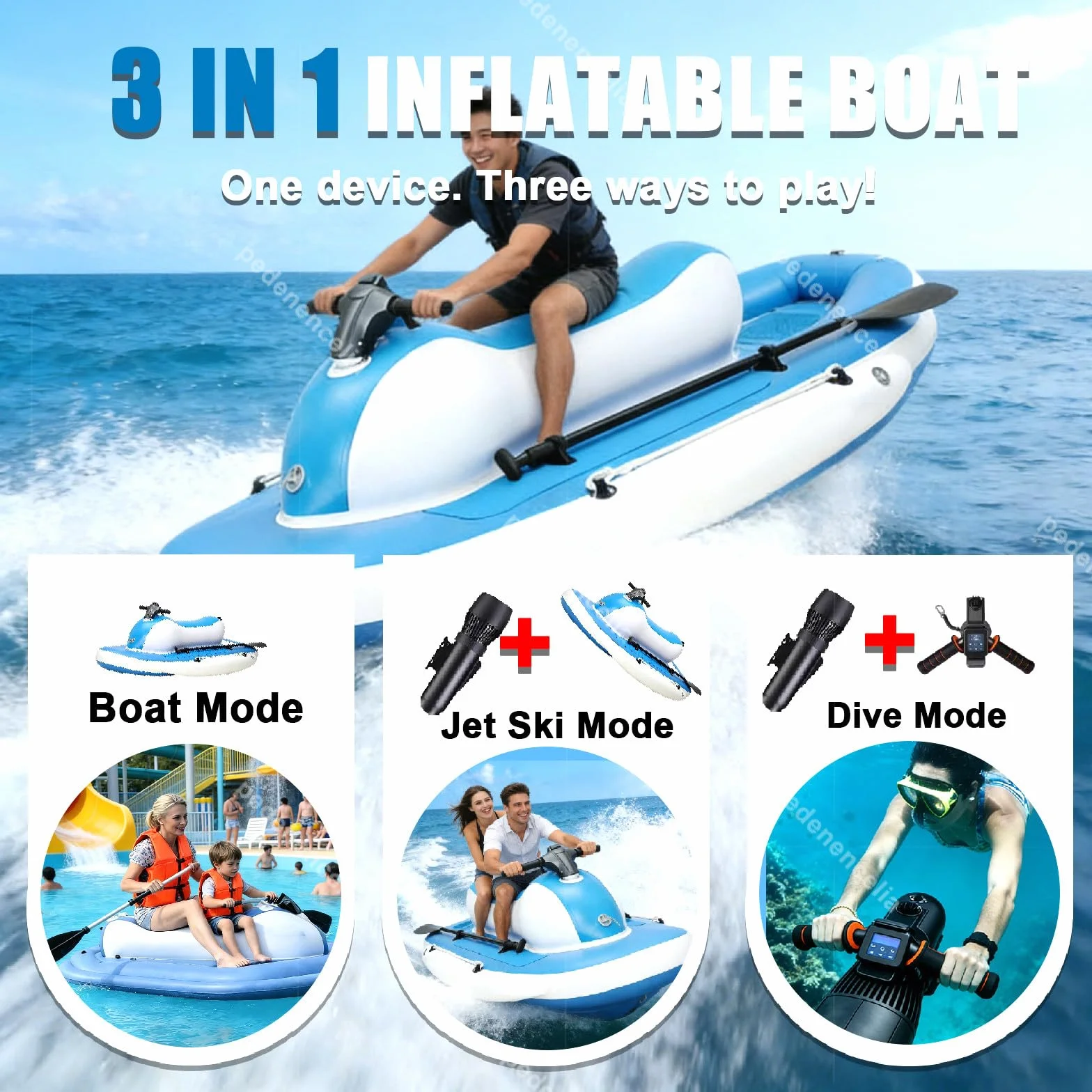 Moto d'Acqua Gonfiabile Elettrica 3-in-1 700W Brushless 200kg 7-11 km/h 10 velocità Telecomando